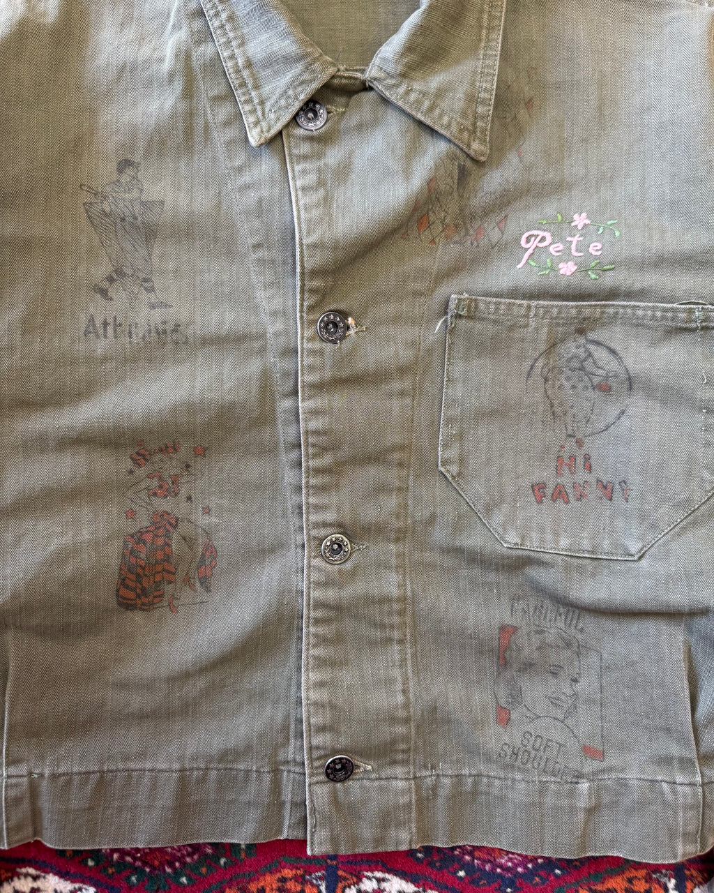 Vintage World War II era, donut button, HBT custom drawn senior jacket  ￼