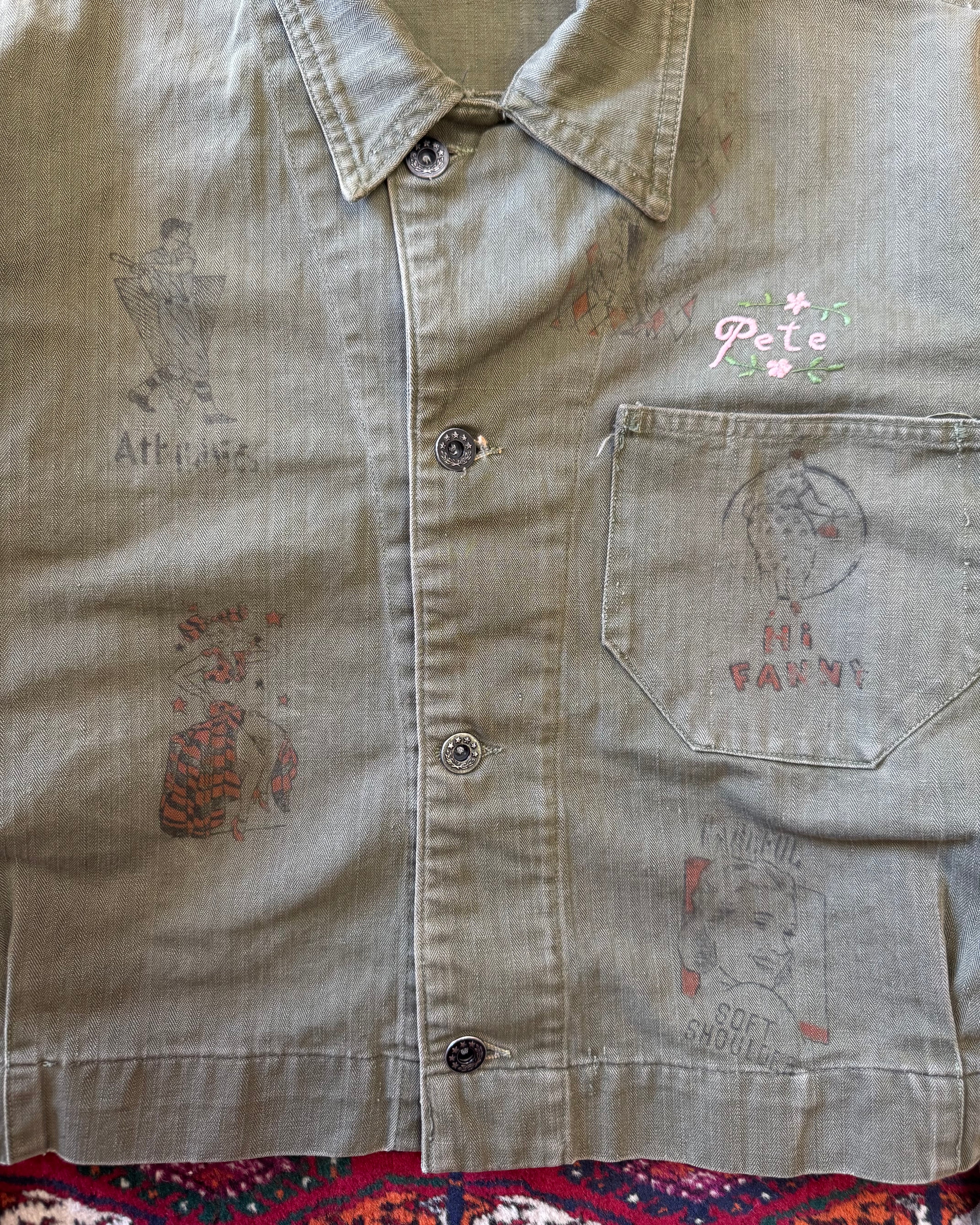 Vintage World War II era, donut button, HBT custom drawn senior jacket  ￼