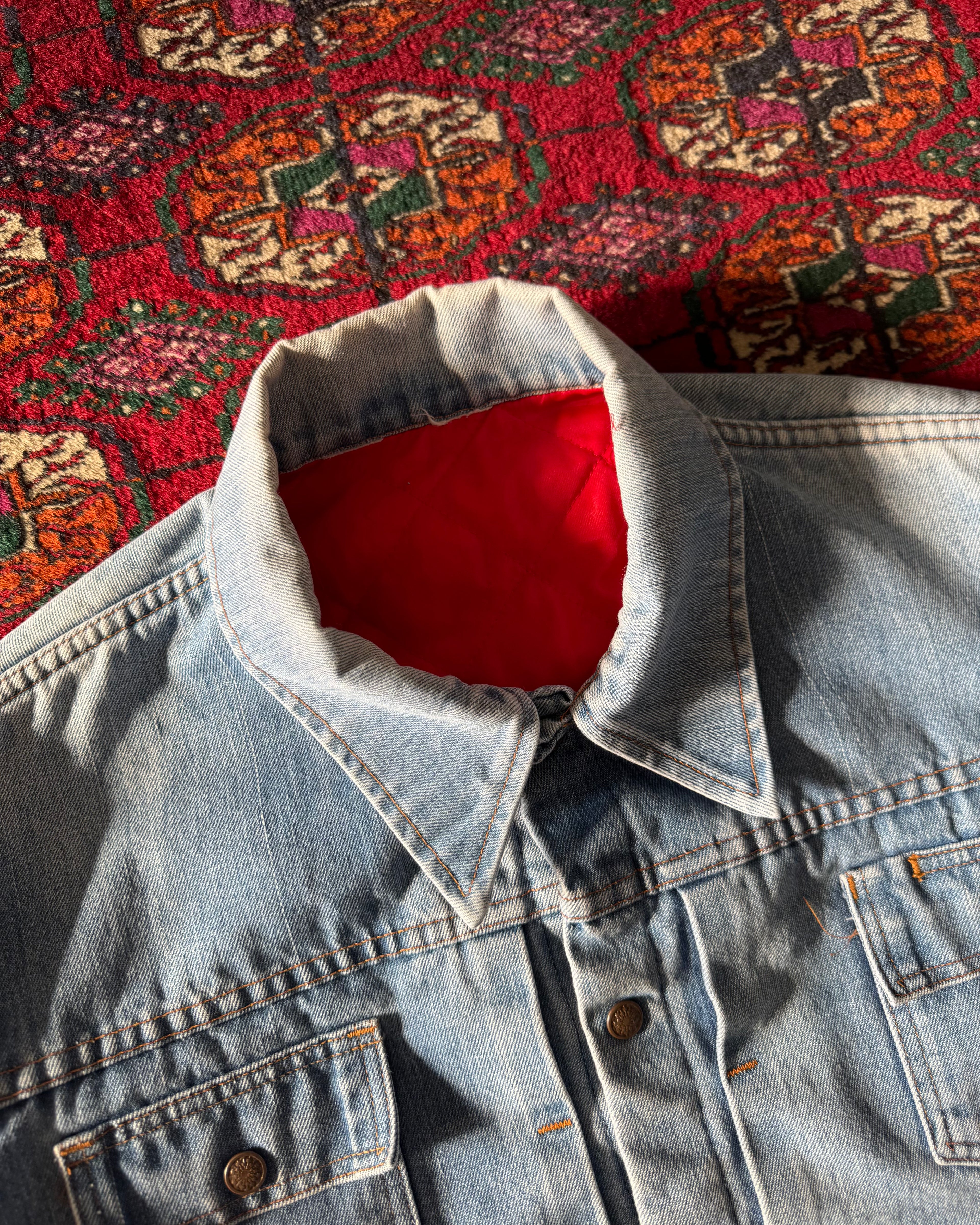 Vintage 1970s nylon insulated riveted, denim trucker jacket