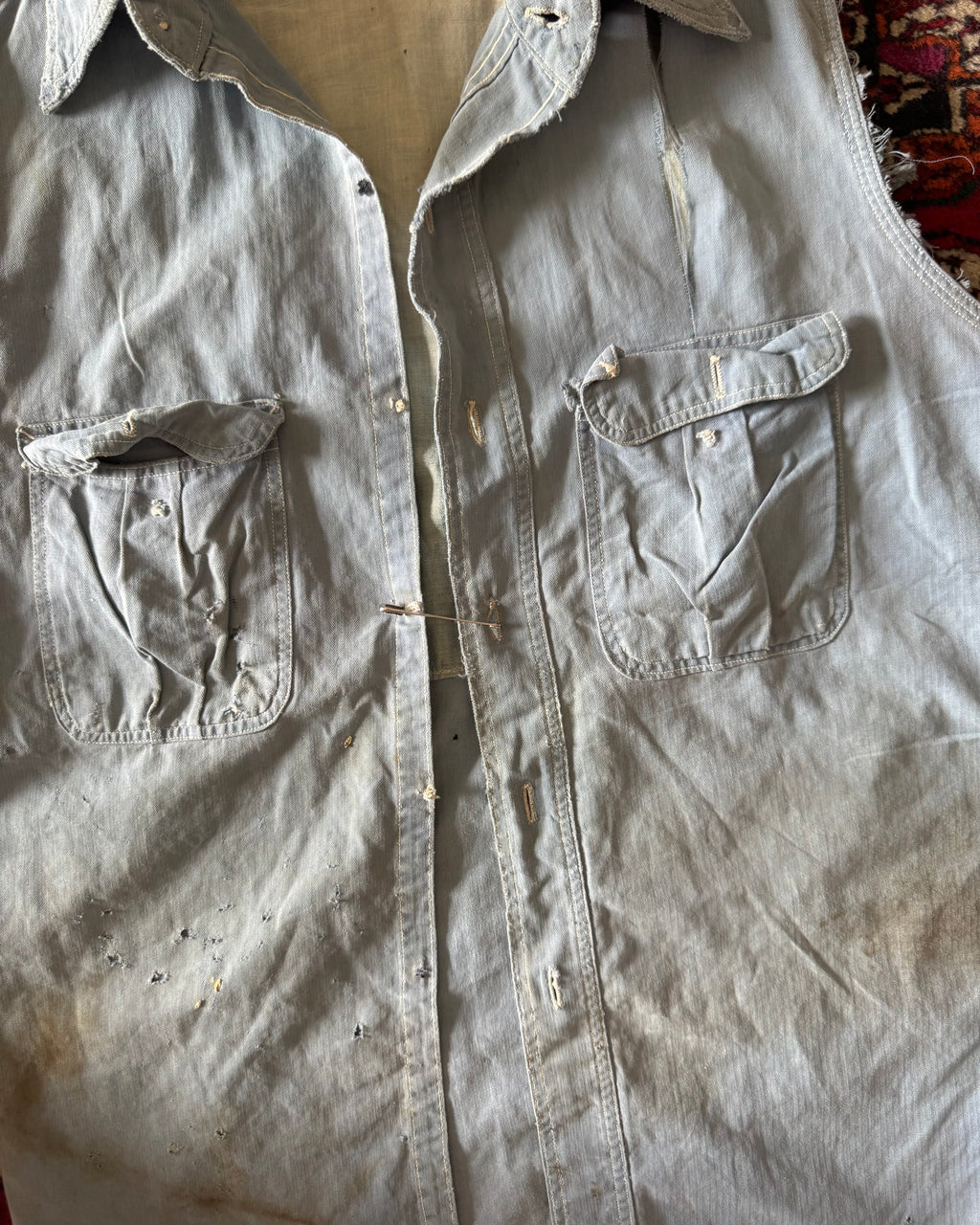1940s “Match Me” van-dyed Sanforized, heavily distressed and repaired, work shirt ￼