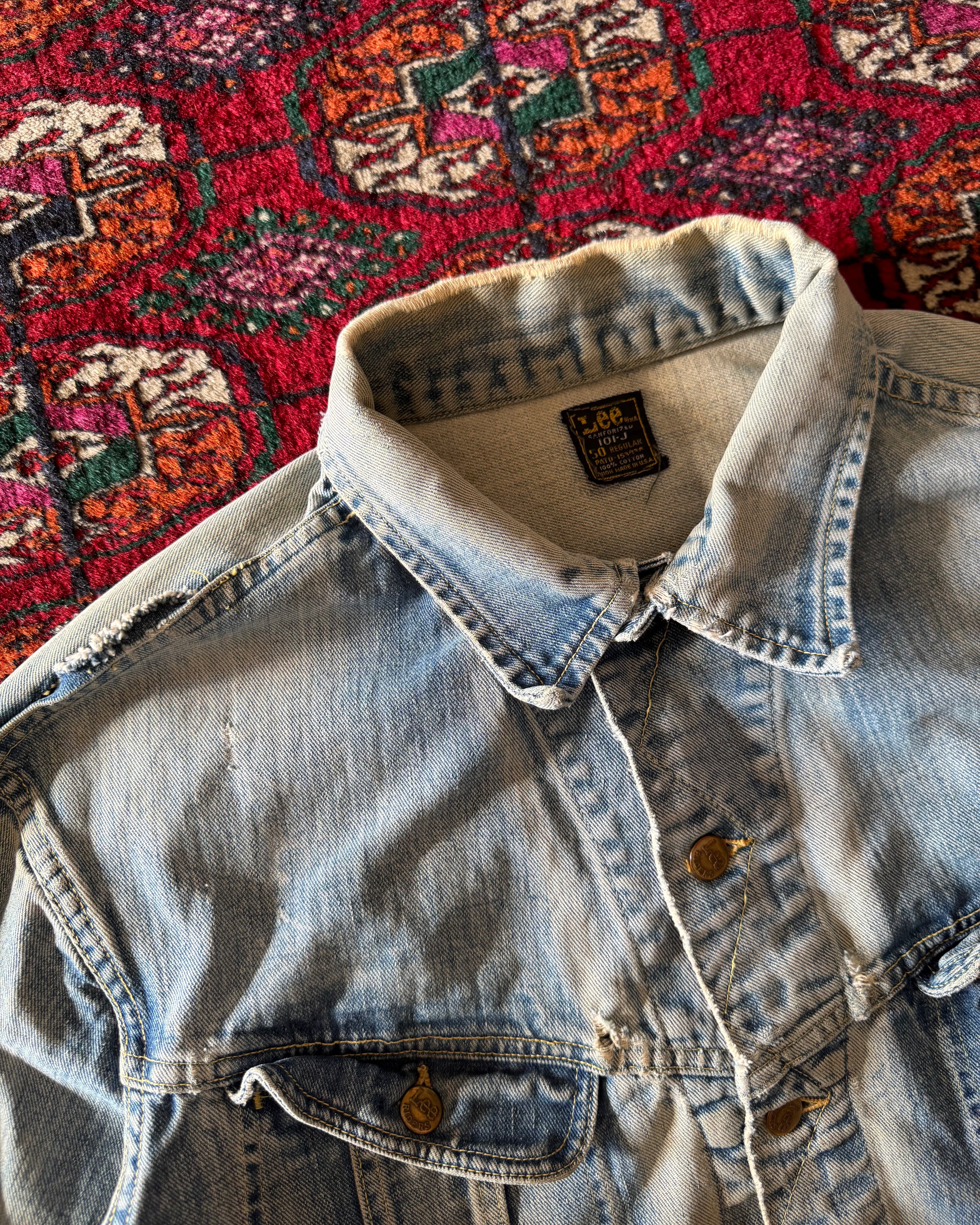 Heavily distressed, 1960/70s Lee standardized 101J denim jacket￼
