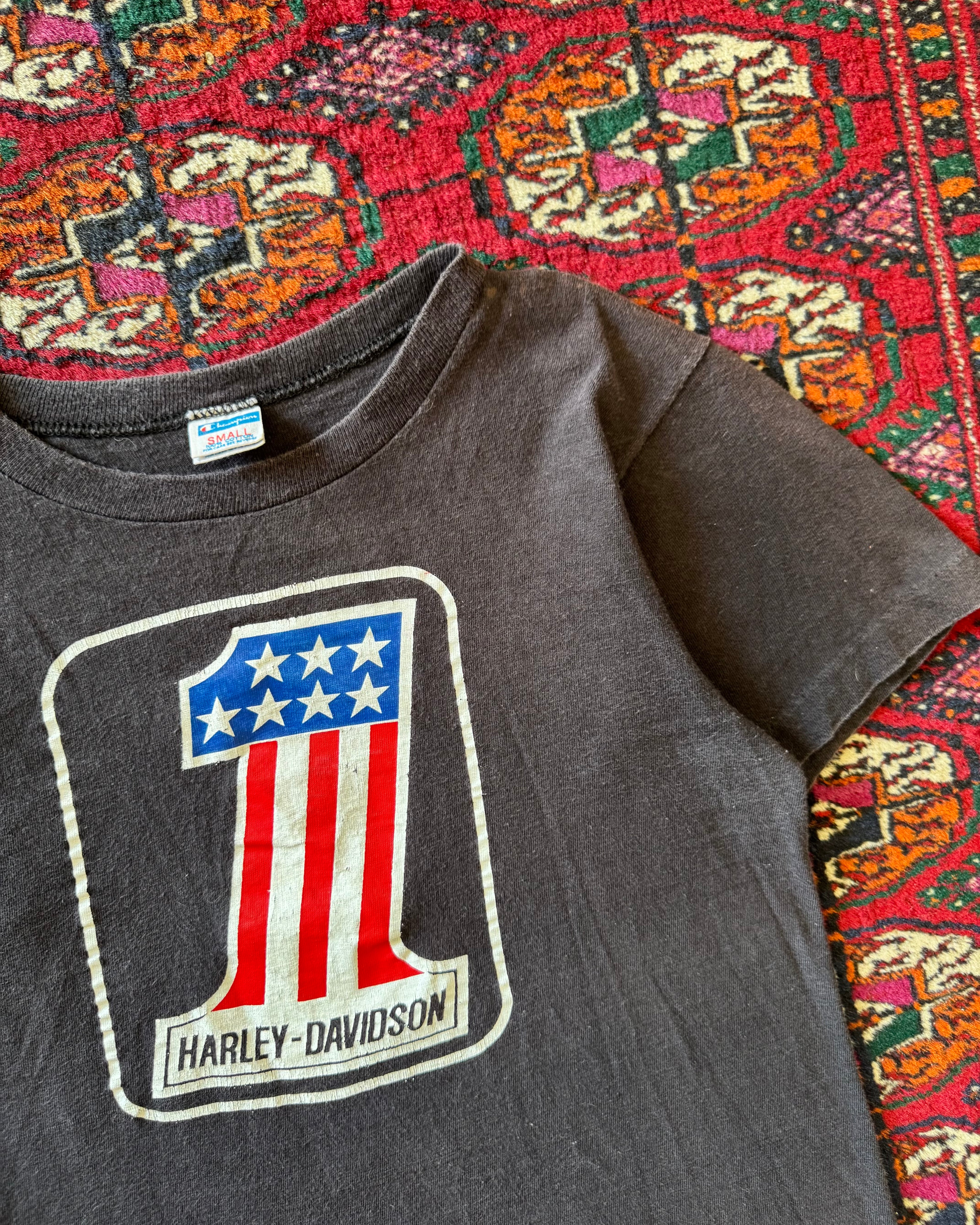 Vintage champion, blue bar double tag misprint Harley Davidson logo T-shirt ￼