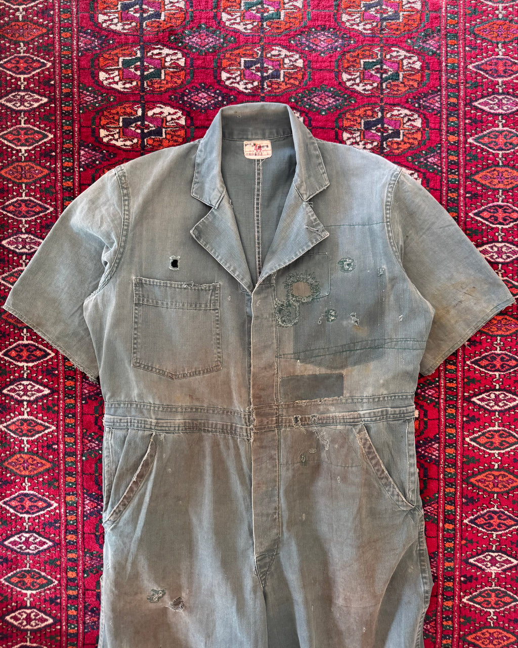 1950s union made green herringbone repaired and distressed coveralls, donut button ￼