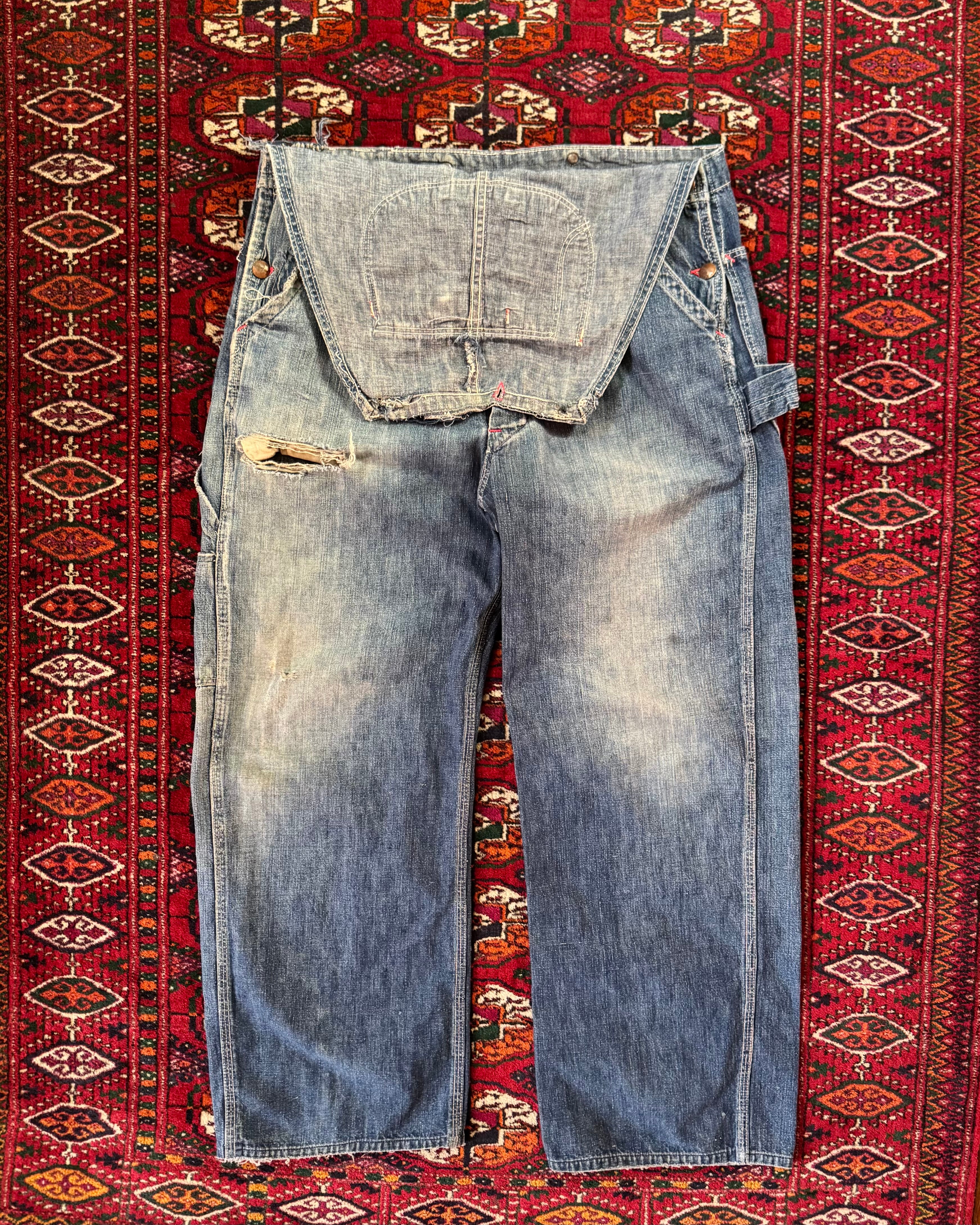 Vintage 1940s/50s sanforized “BIG DAD” denim overalls altered by OG owner to be worn as pants ￼