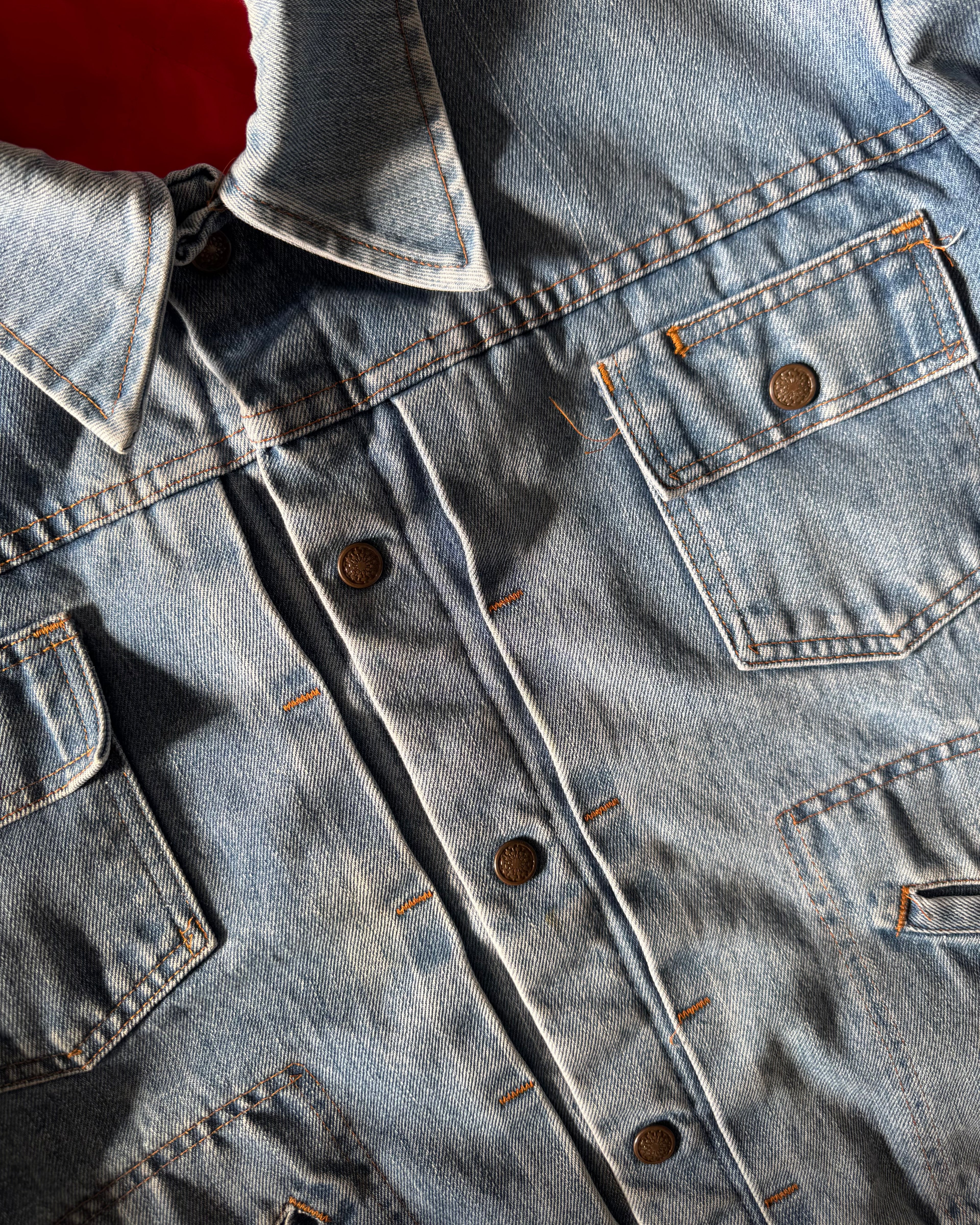 Vintage 1970s nylon insulated riveted, denim trucker jacket