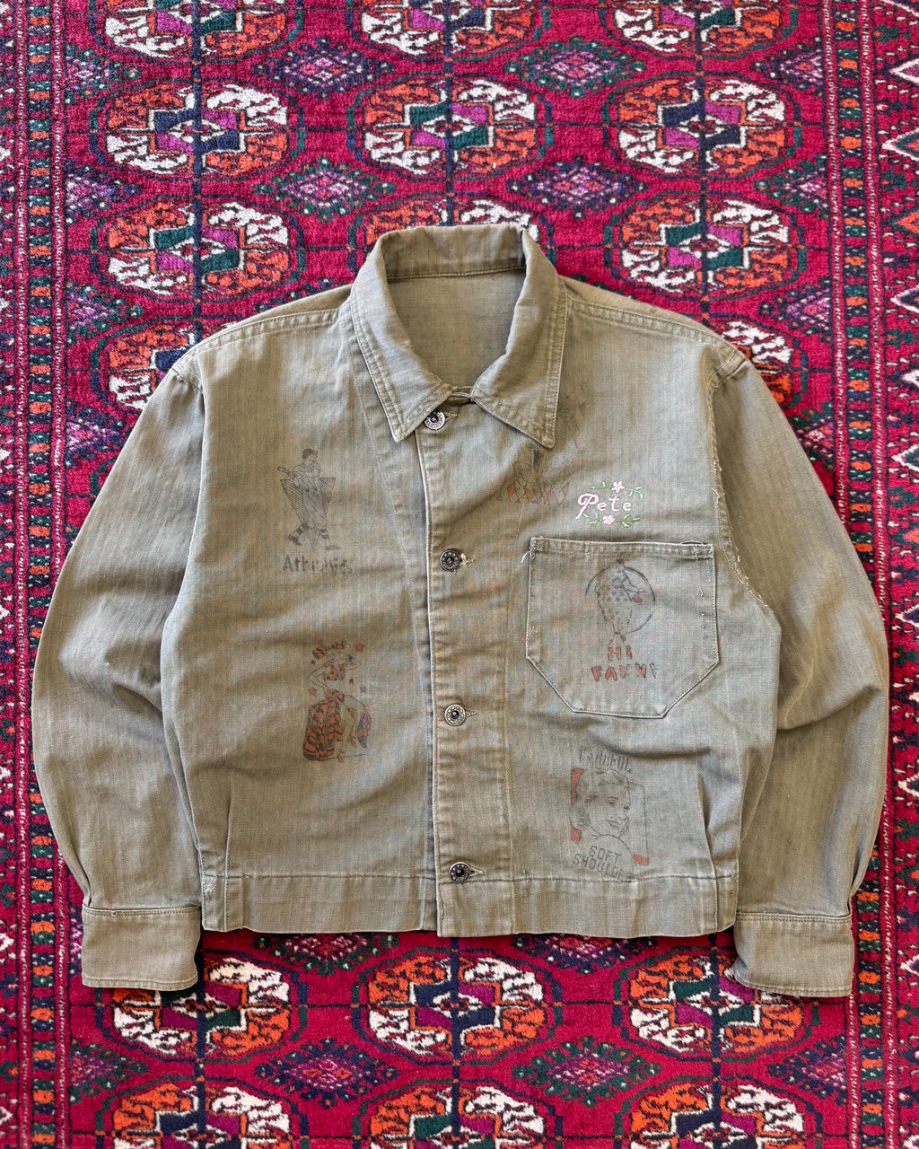 Vintage World War II era, donut button, HBT custom drawn senior jacket  ￼