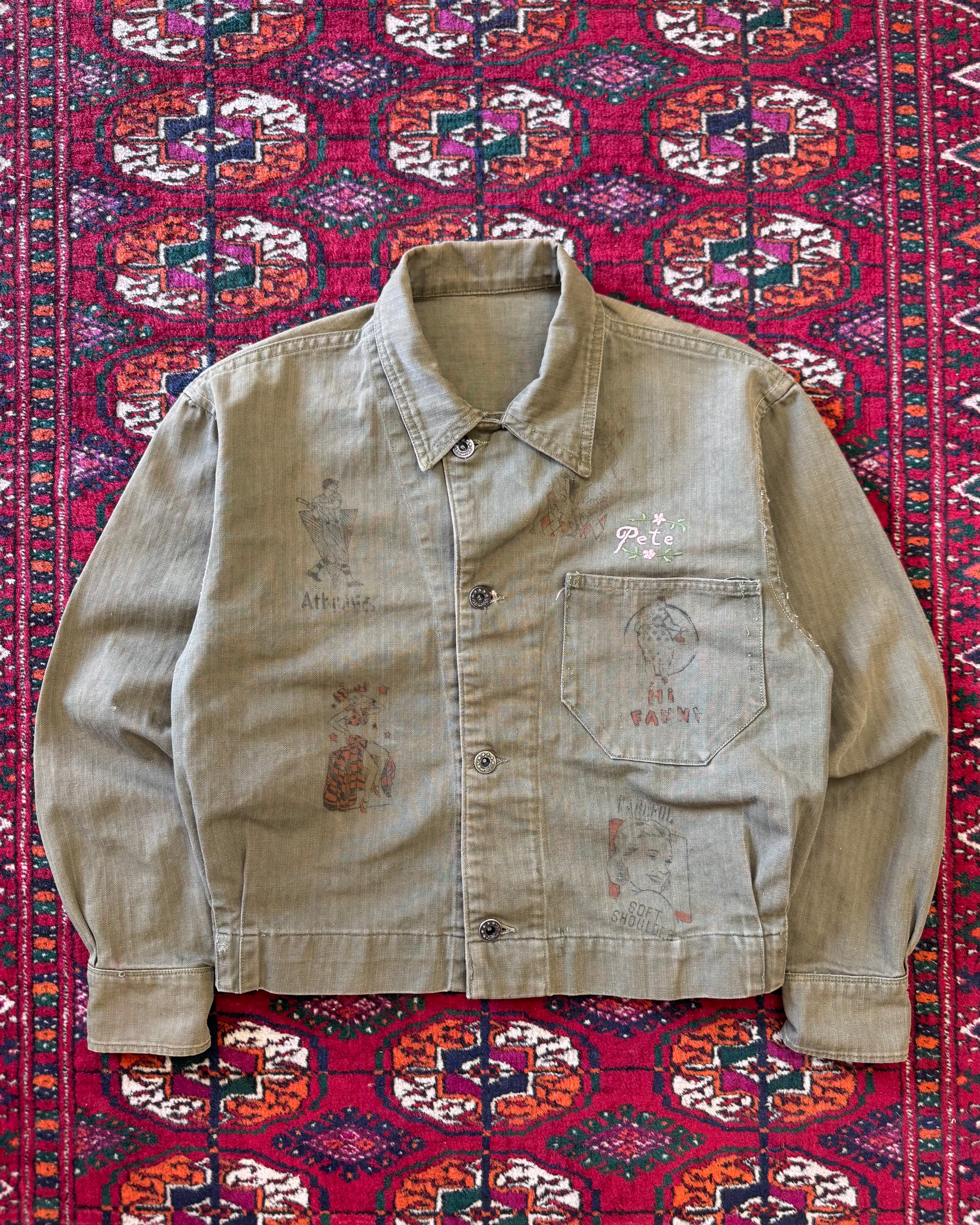 Vintage World War II era, donut button, HBT custom drawn senior jacket  ￼