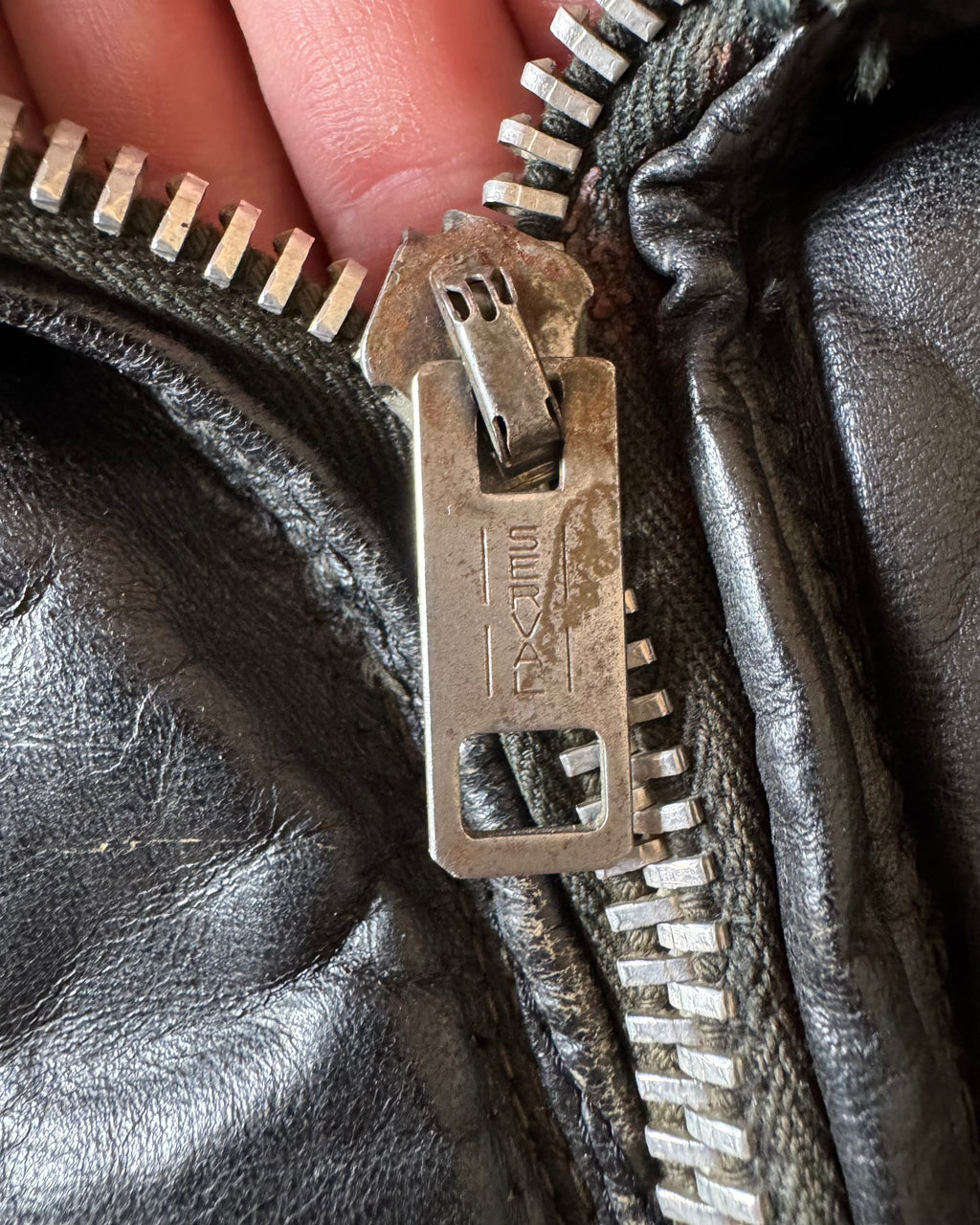 1960s/50s leather fur lined bomber with patchwork repair￼