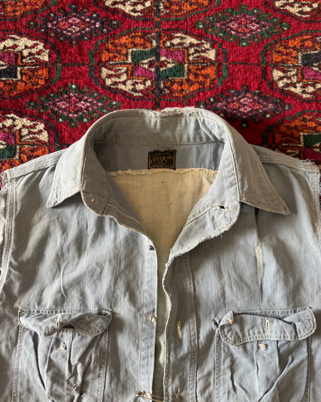 1940s “Match Me” van-dyed Sanforized, heavily distressed and repaired, work shirt ￼