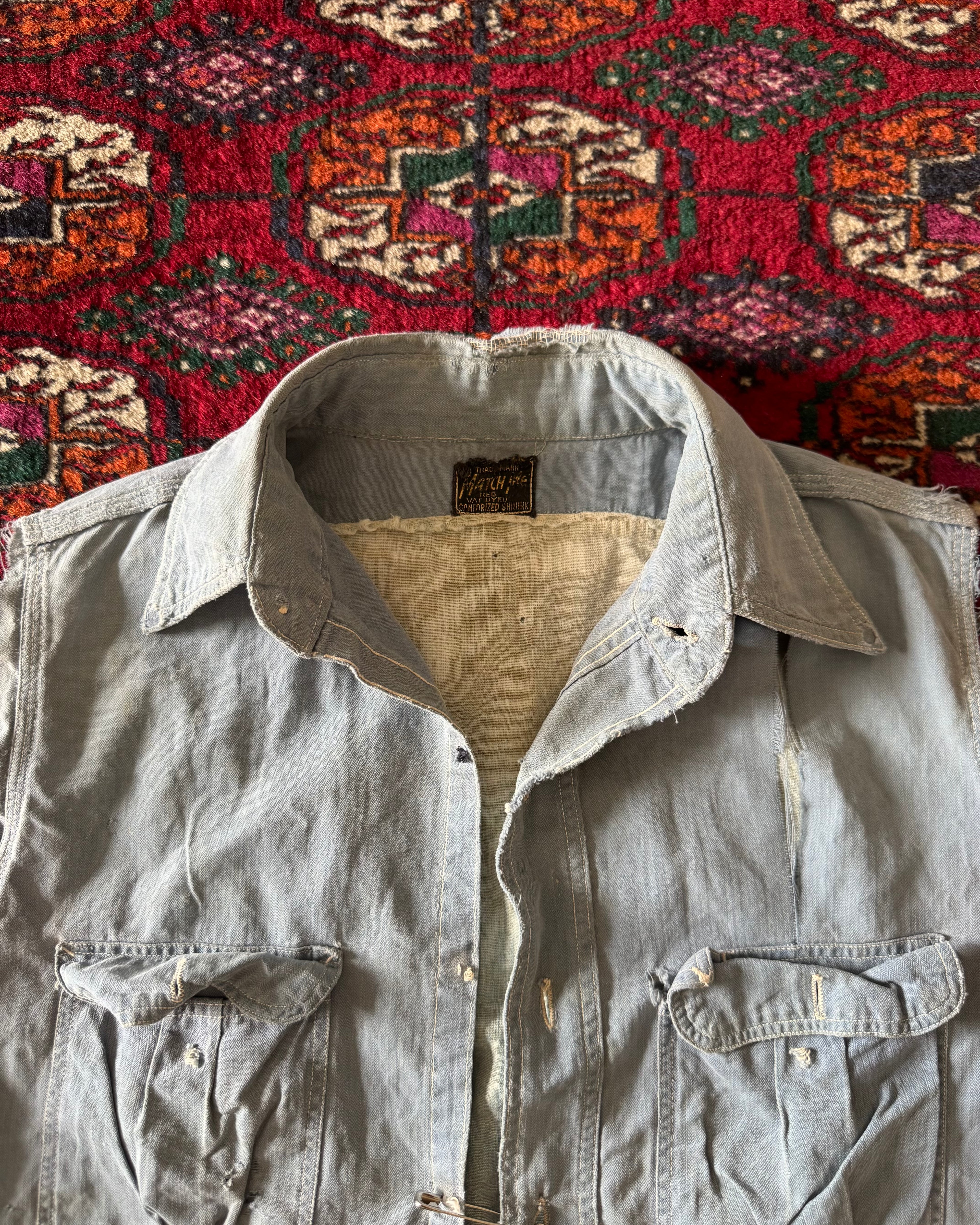 Vintage 1940s “Match Me” van-dyed Sanforized, heavily distressed and repaired, work shirt ￼
