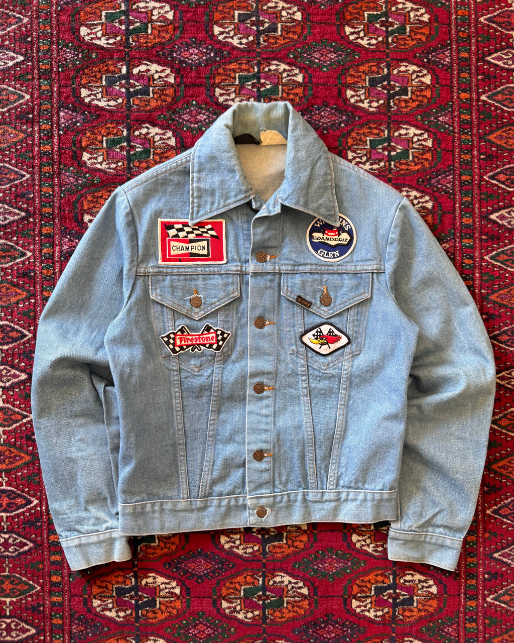 1970s Sears Roebucks denim jacket with racing patch patches