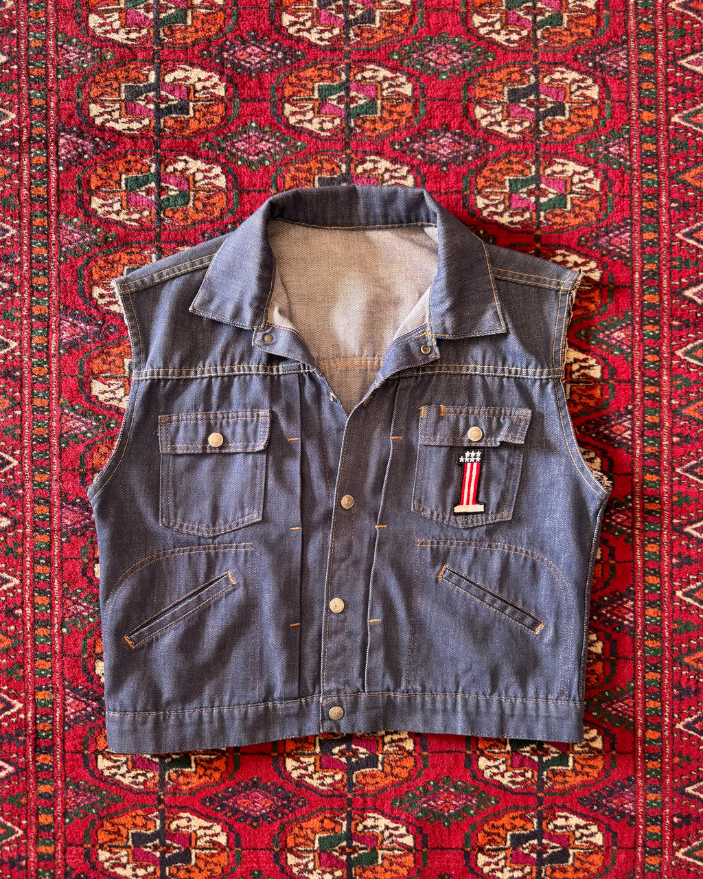 Vintage 1970s riveted ranch craft JCPenney denim vest with Harley patches￼