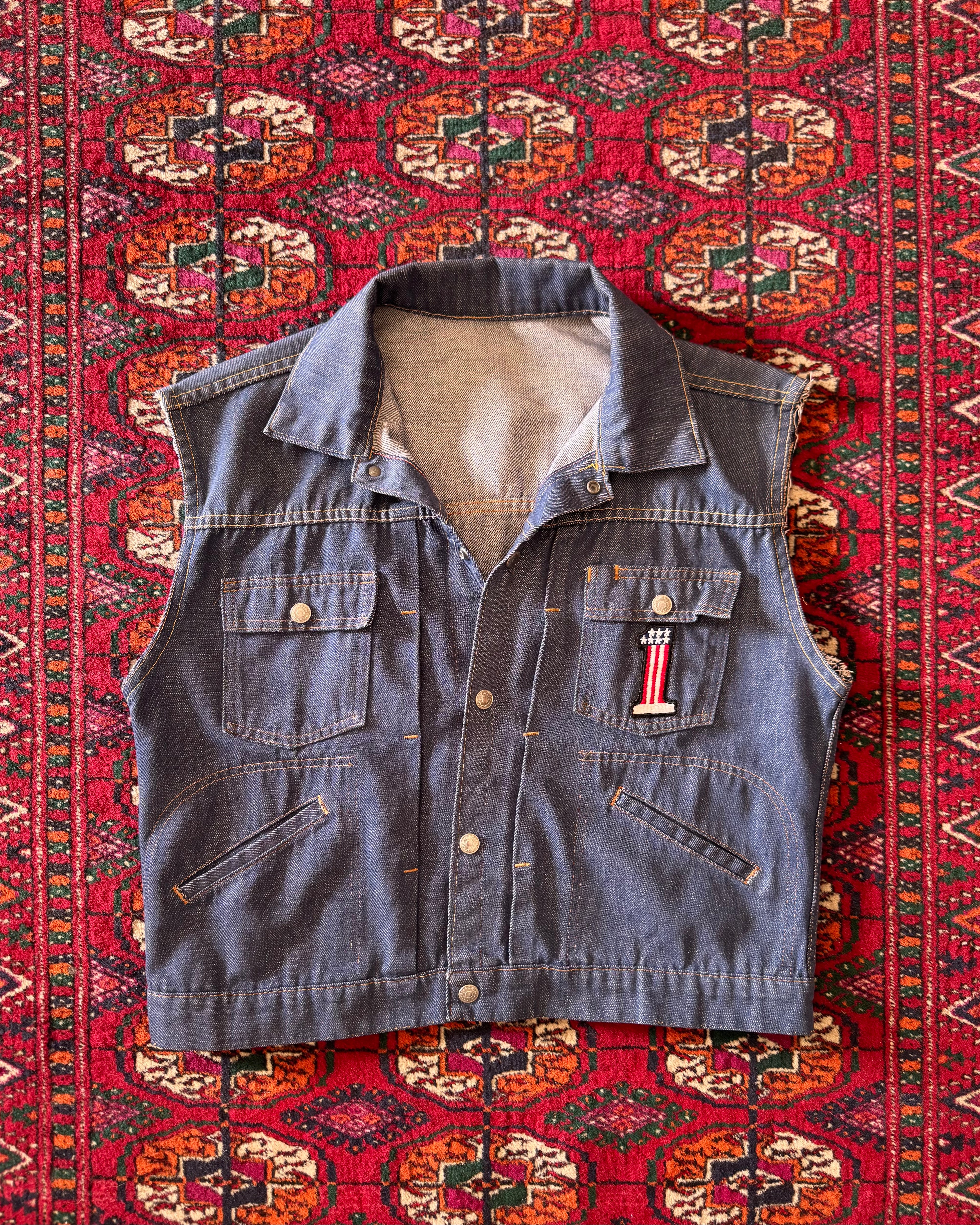 Vintage 1970s riveted ranch craft JCPenney denim vest with Harley patches￼