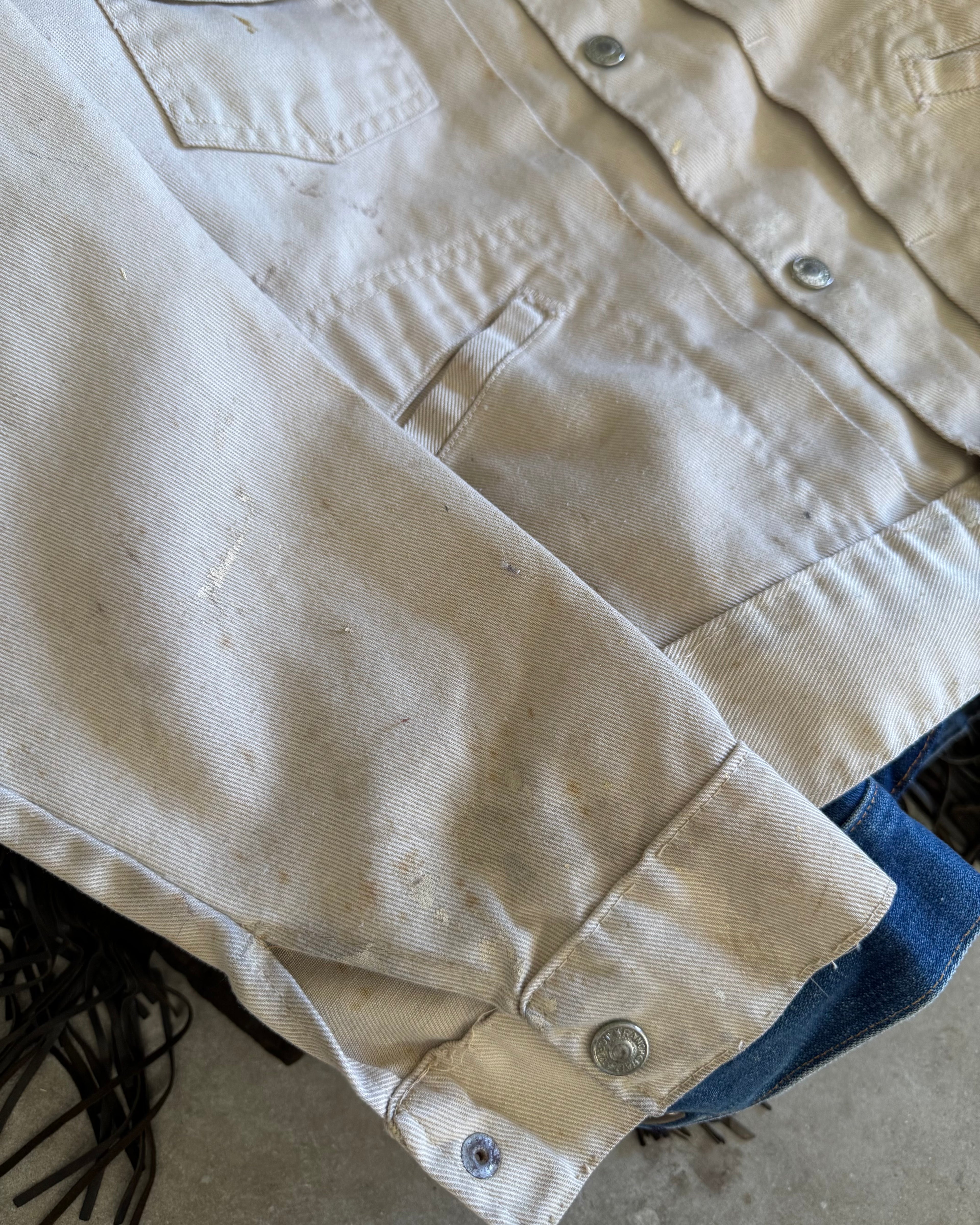 Vintage ranch craft 1970s paint splatter, beige, jean jacket ￼