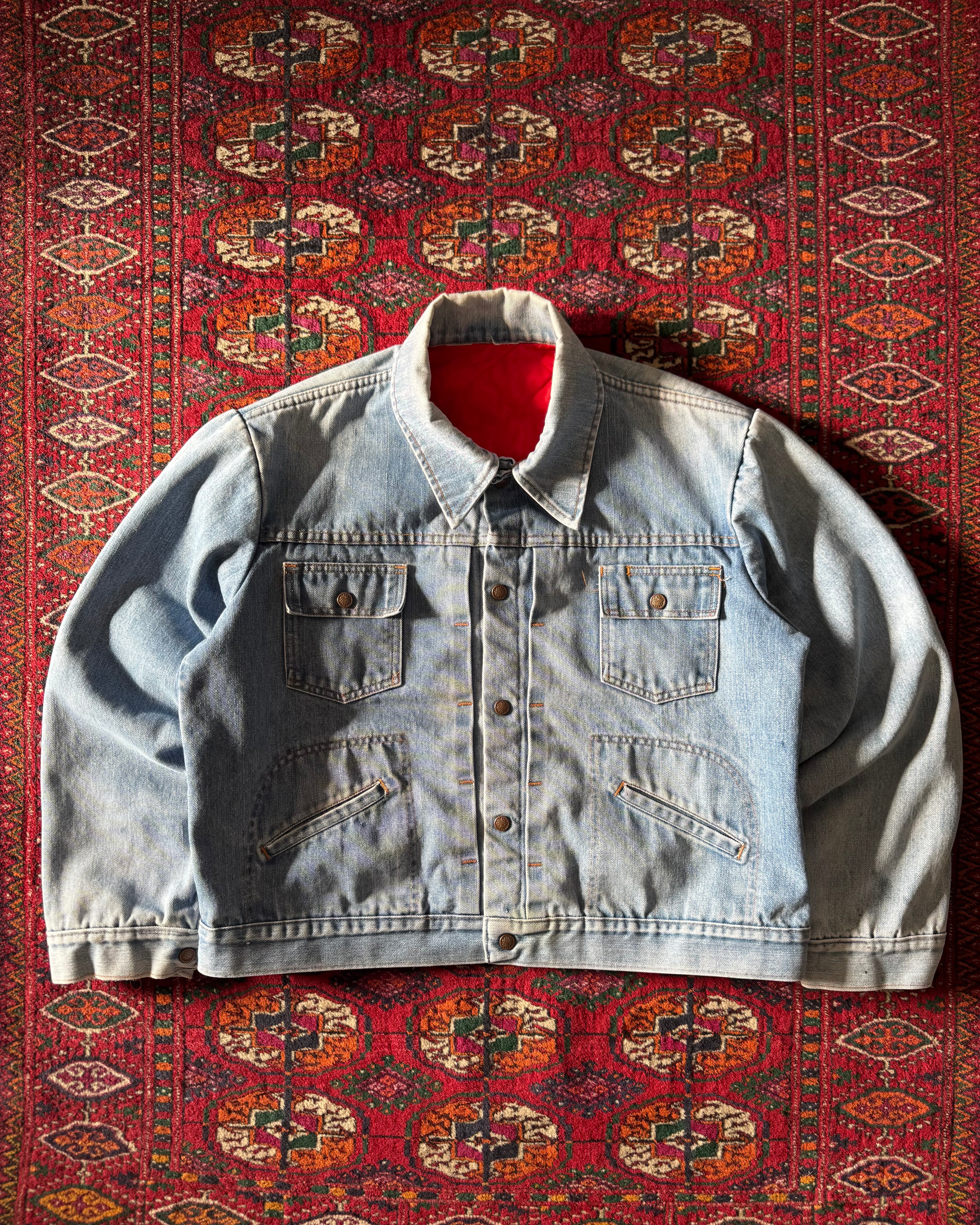 Vintage 1970s nylon insulated riveted, denim trucker jacket
