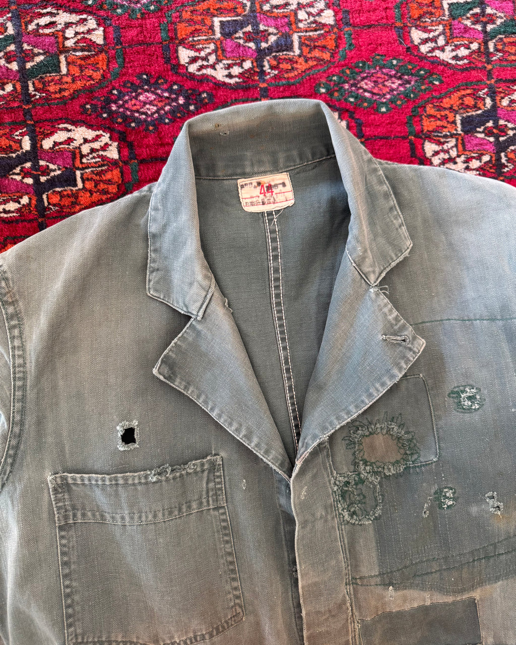 1950s union made green herringbone repaired and distressed coveralls, donut button ￼