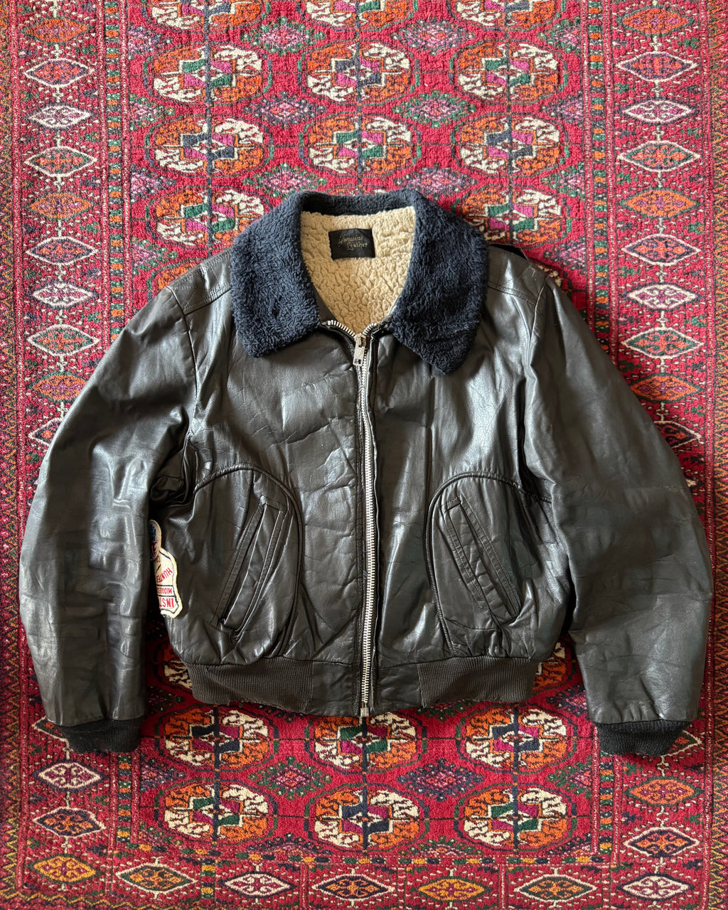 1960s/50s leather fur lined bomber with patchwork repair￼