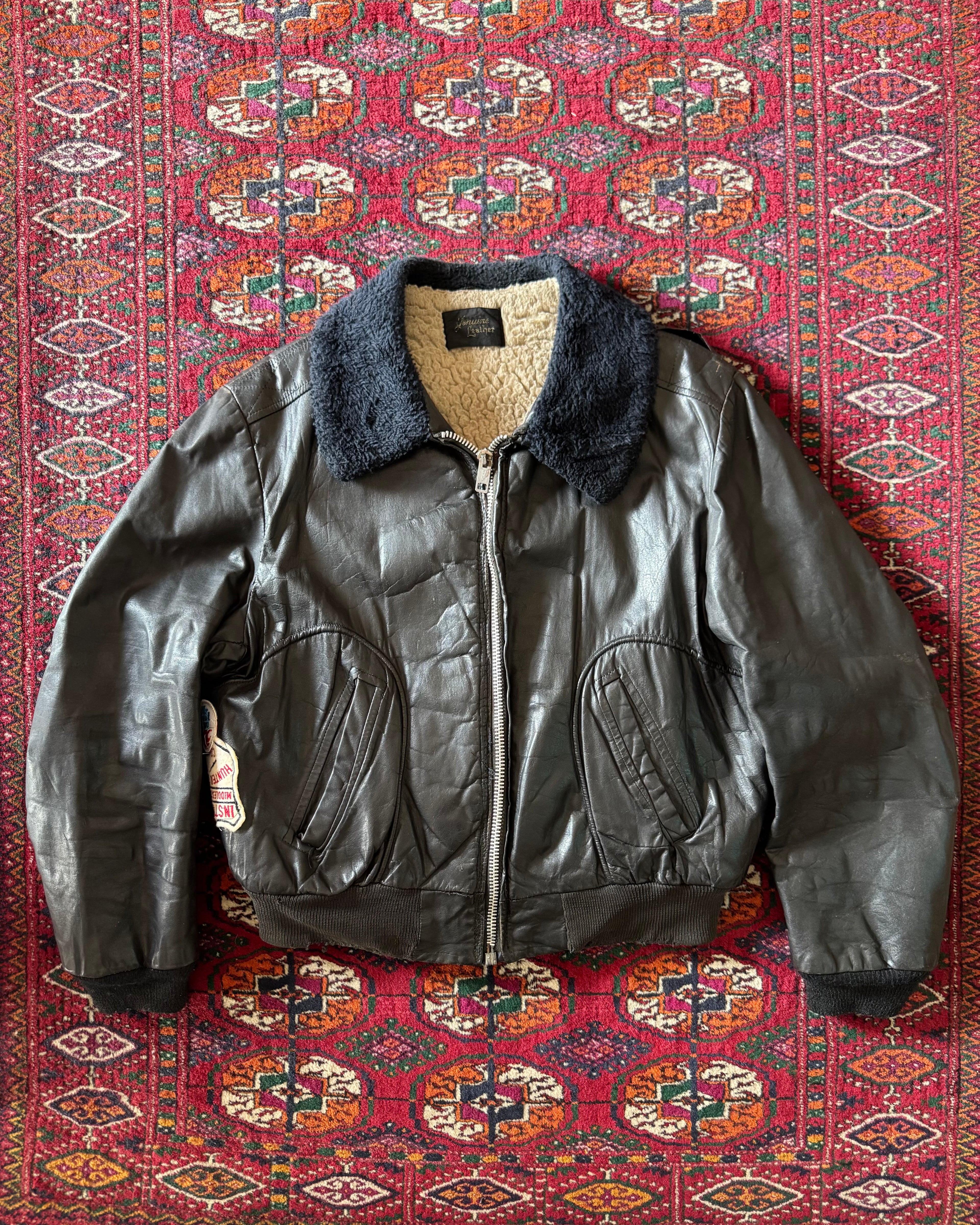 Vintage 1960s/50s leather fur lined bomber with patchwork repair￼