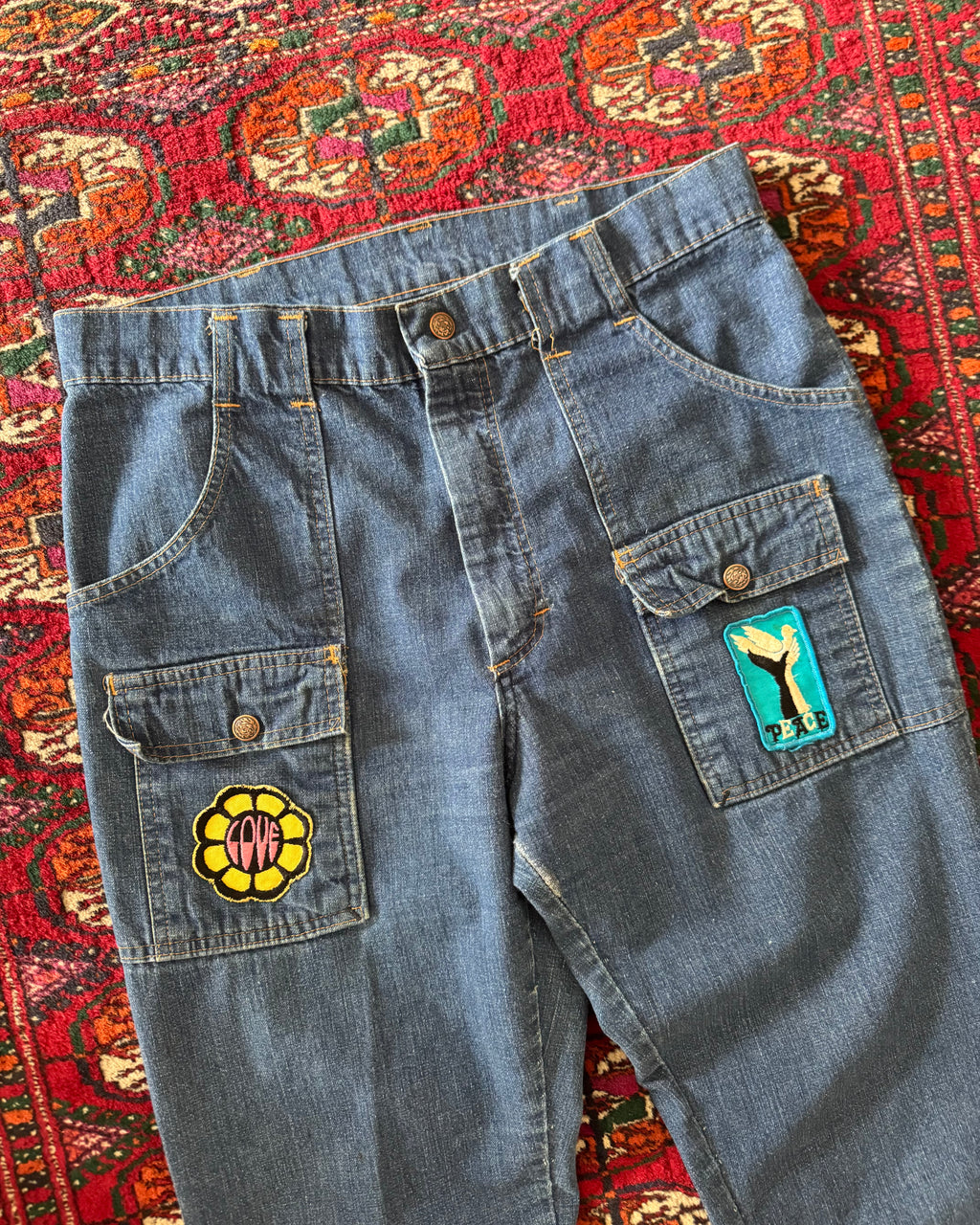 Vintage 1970s denim bush pants with patches ￼