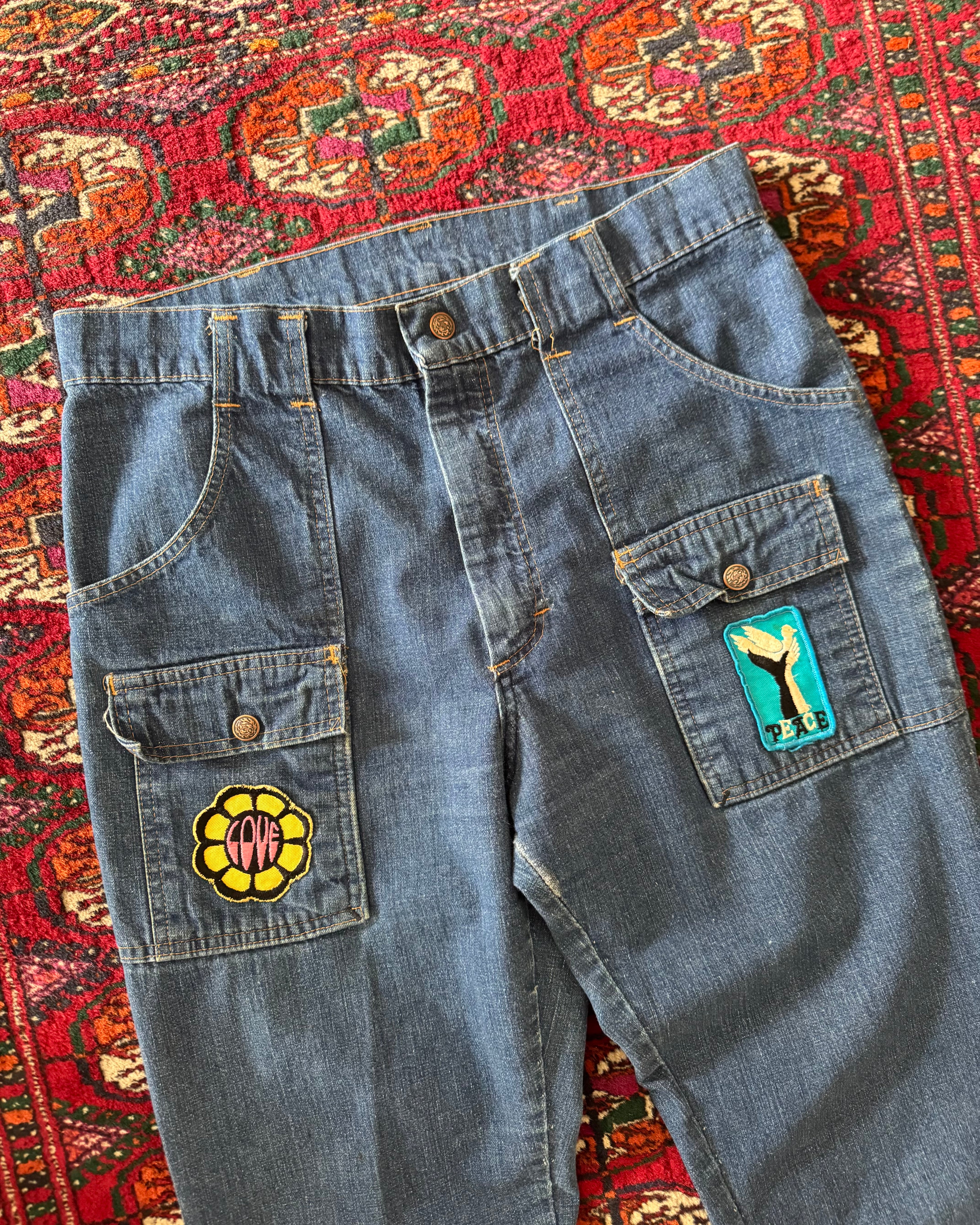 Vintage 1970s denim bush pants with patches ￼
