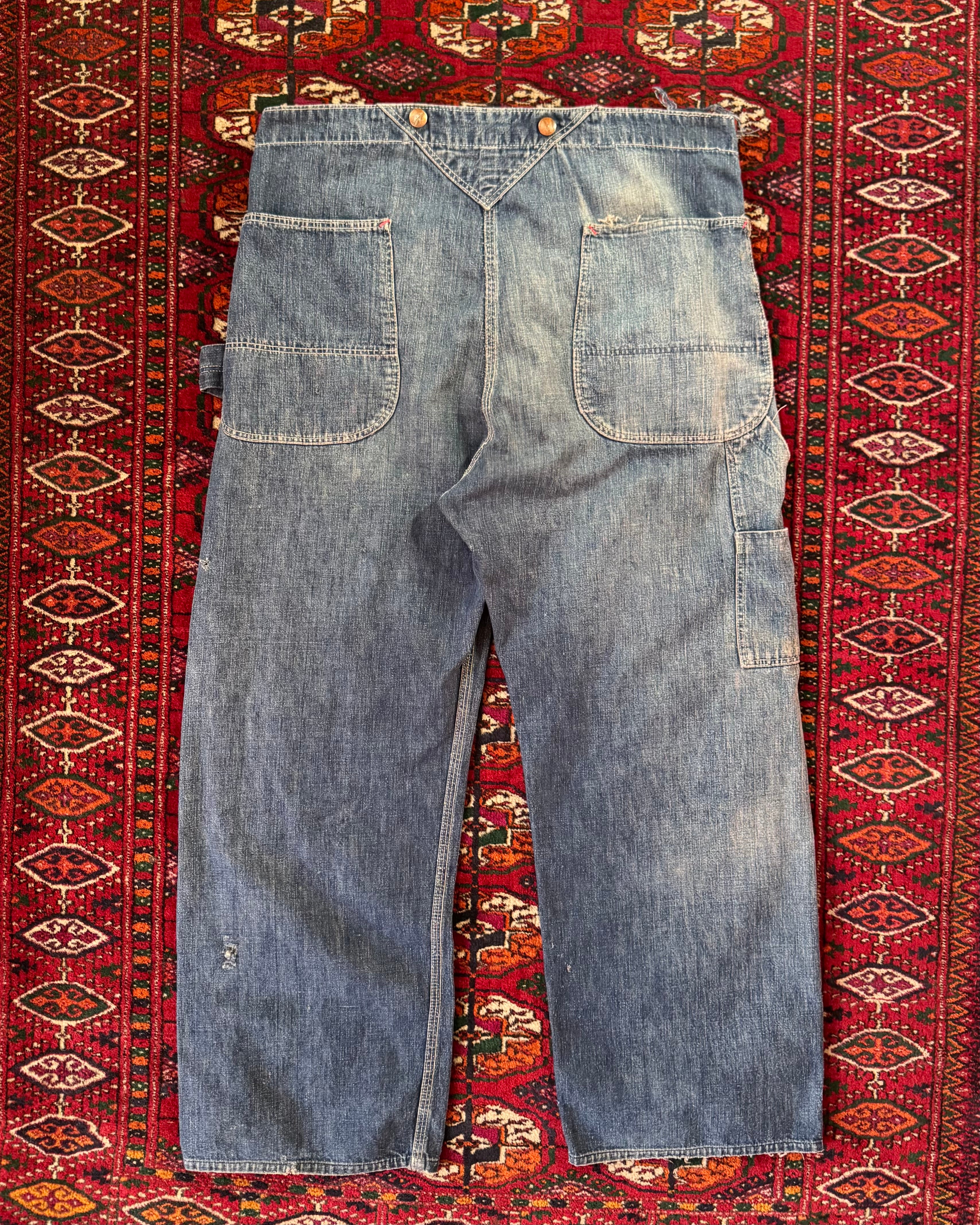 Vintage 1940s/50s sanforized “BIG DAD” denim overalls altered by OG owner to be worn as pants ￼