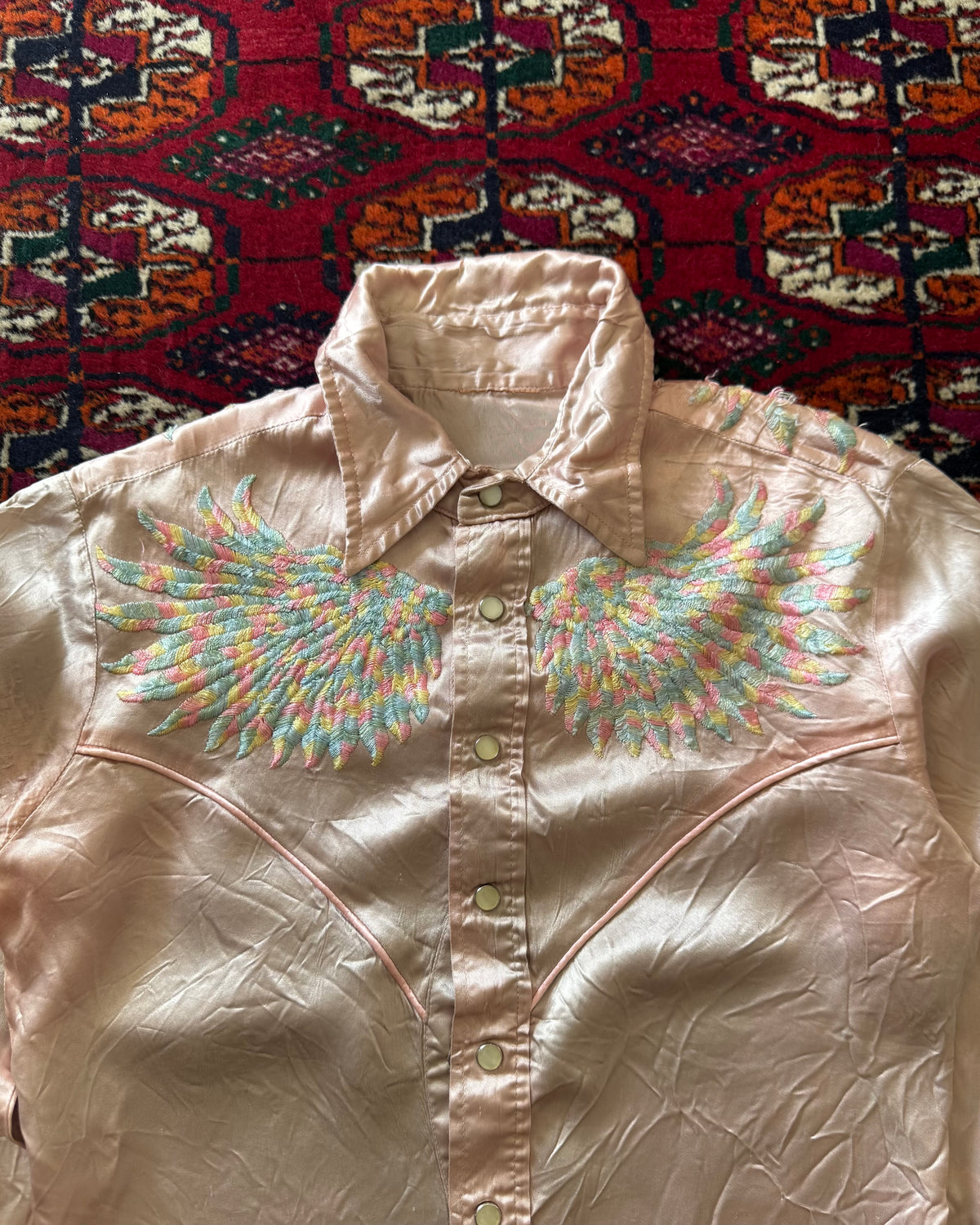 1960s satin rainbow embroidered wings western pearl snap