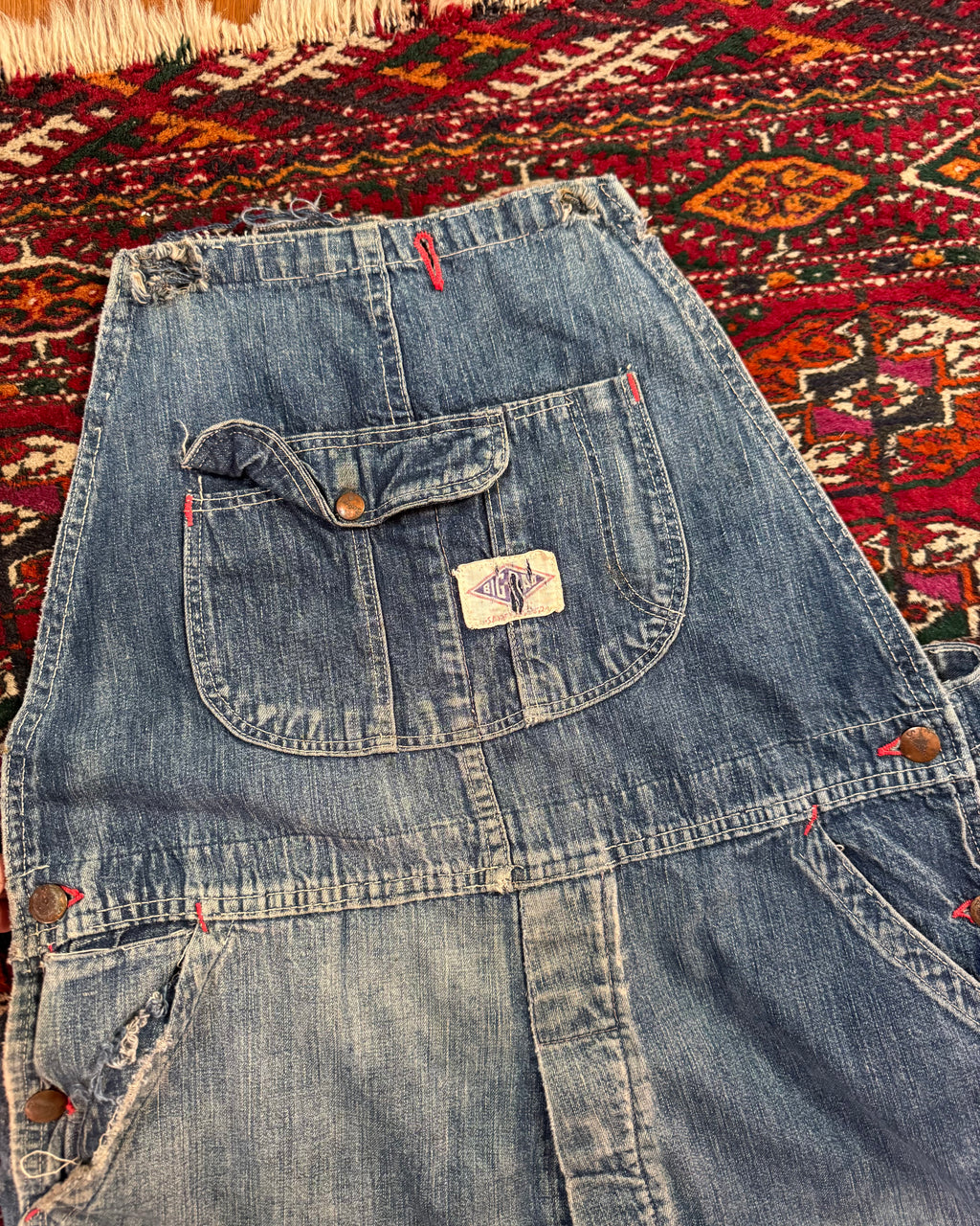 1940s/50s sanforized “BIG DAD” denim overalls altered by OG owner to be worn as pants ￼
