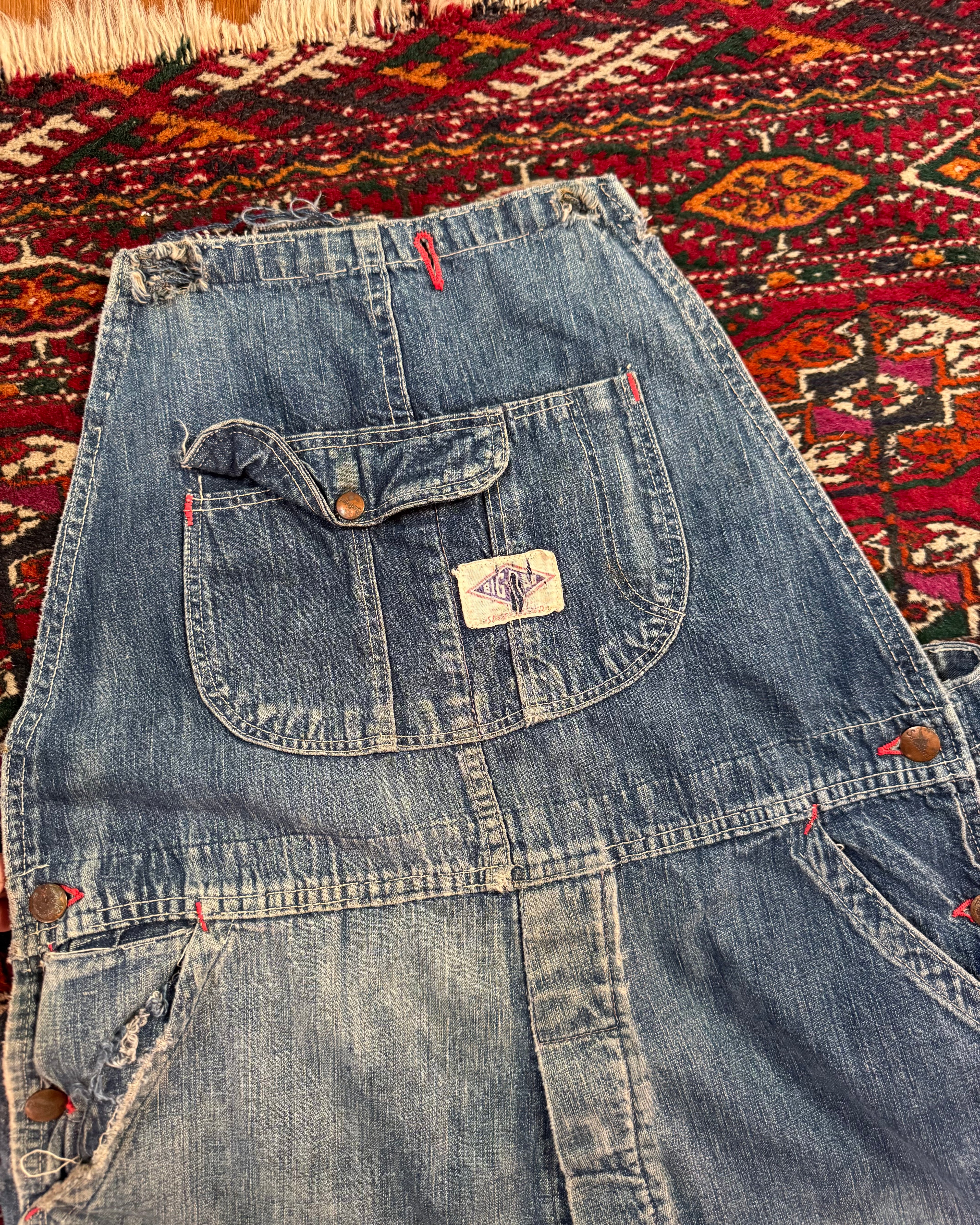 Vintage 1940s/50s sanforized “BIG DAD” denim overalls altered by OG owner to be worn as pants ￼