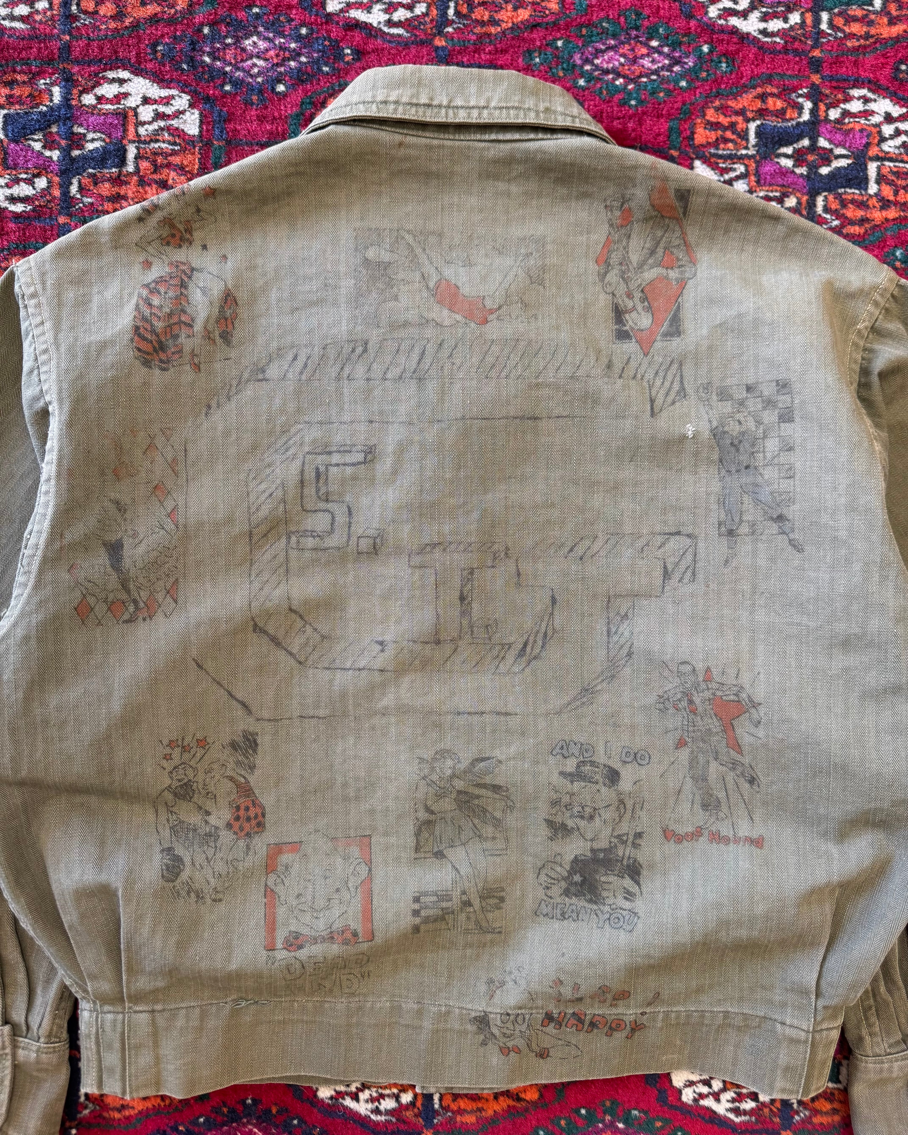 Vintage World War II era, donut button, HBT custom drawn senior jacket  ￼