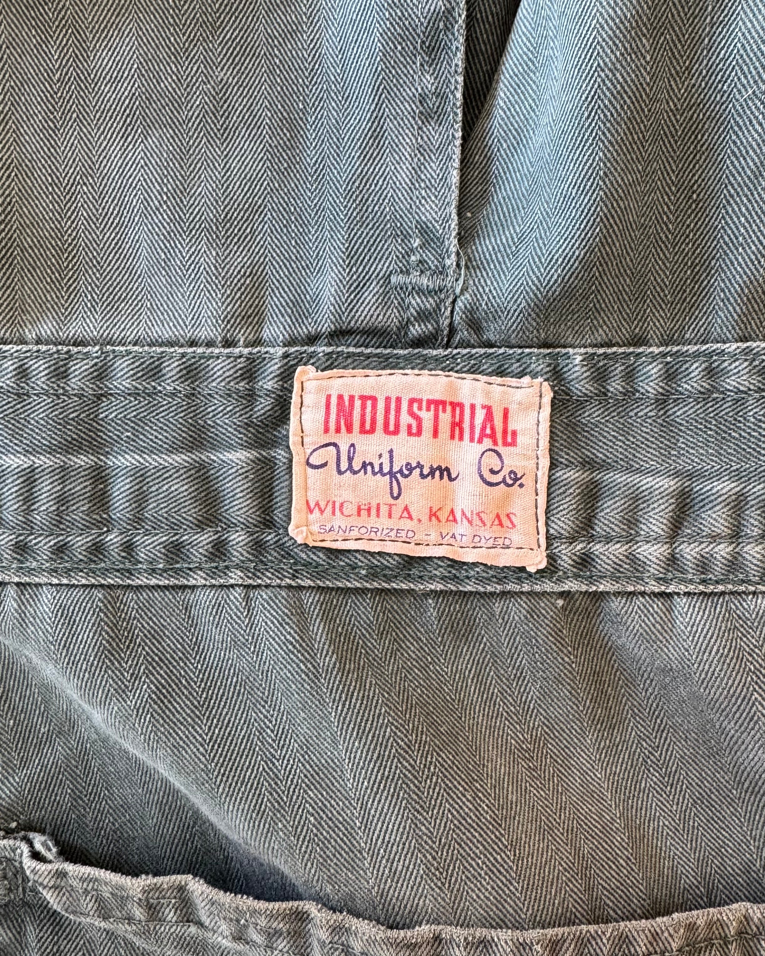 1950s union made green herringbone repaired and distressed coveralls, donut button ￼