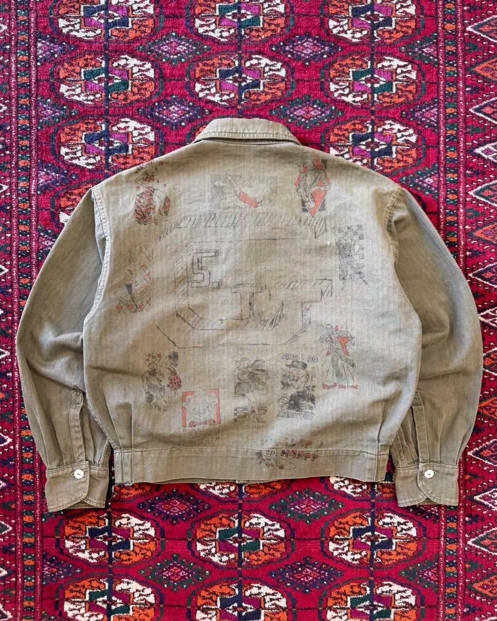 Vintage World War II era, donut button, HBT custom drawn senior jacket  ￼