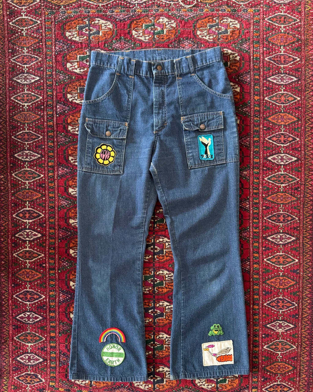 Vintage 1970s denim bush pants with patches ￼