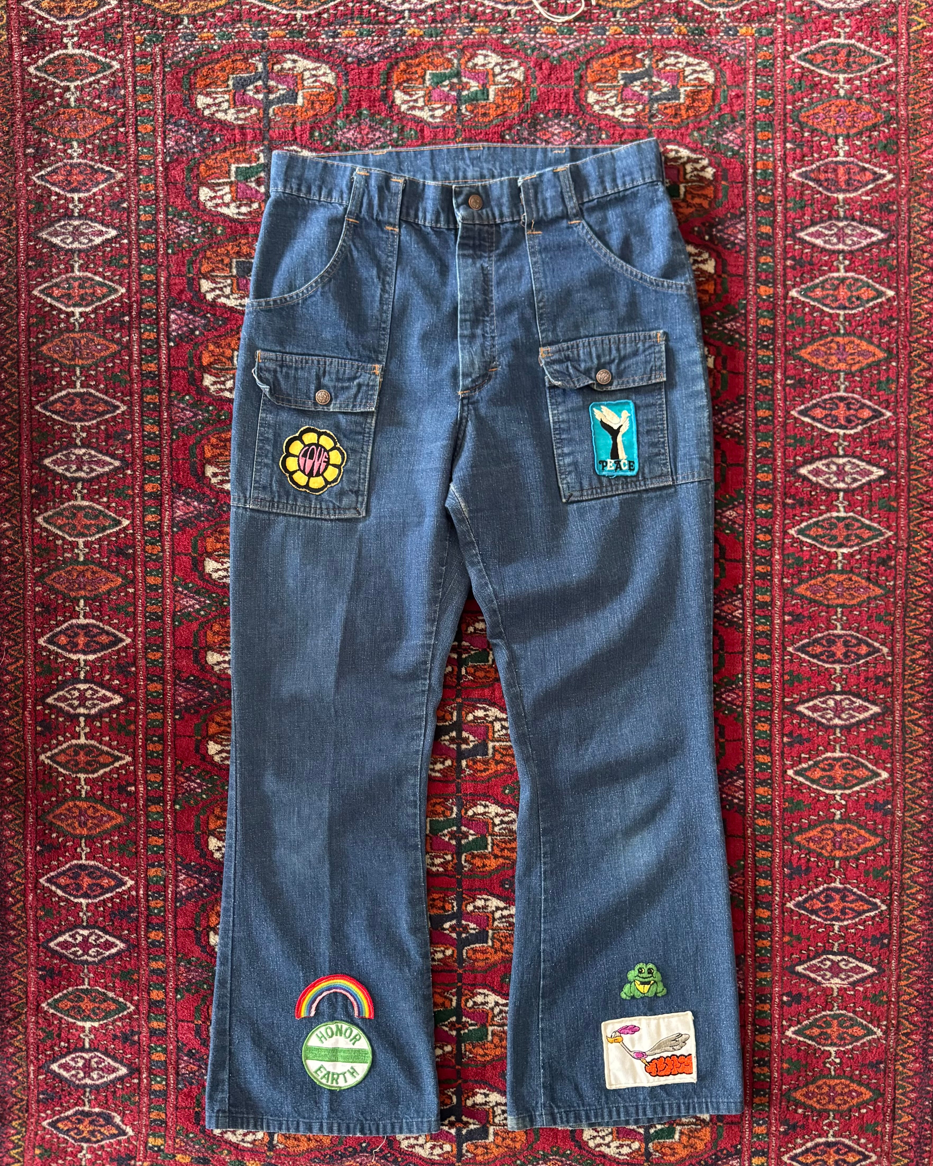 Vintage 1970s denim bush pants with patches ￼