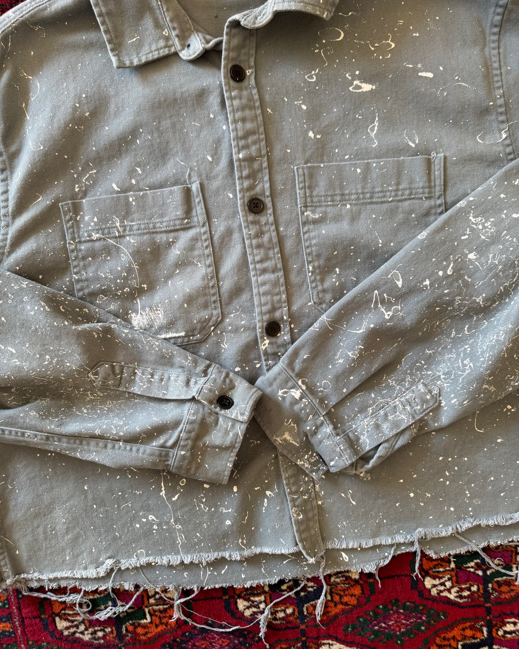 Vintage 1980s French work jacket cropped with heavy paint splatter ￼