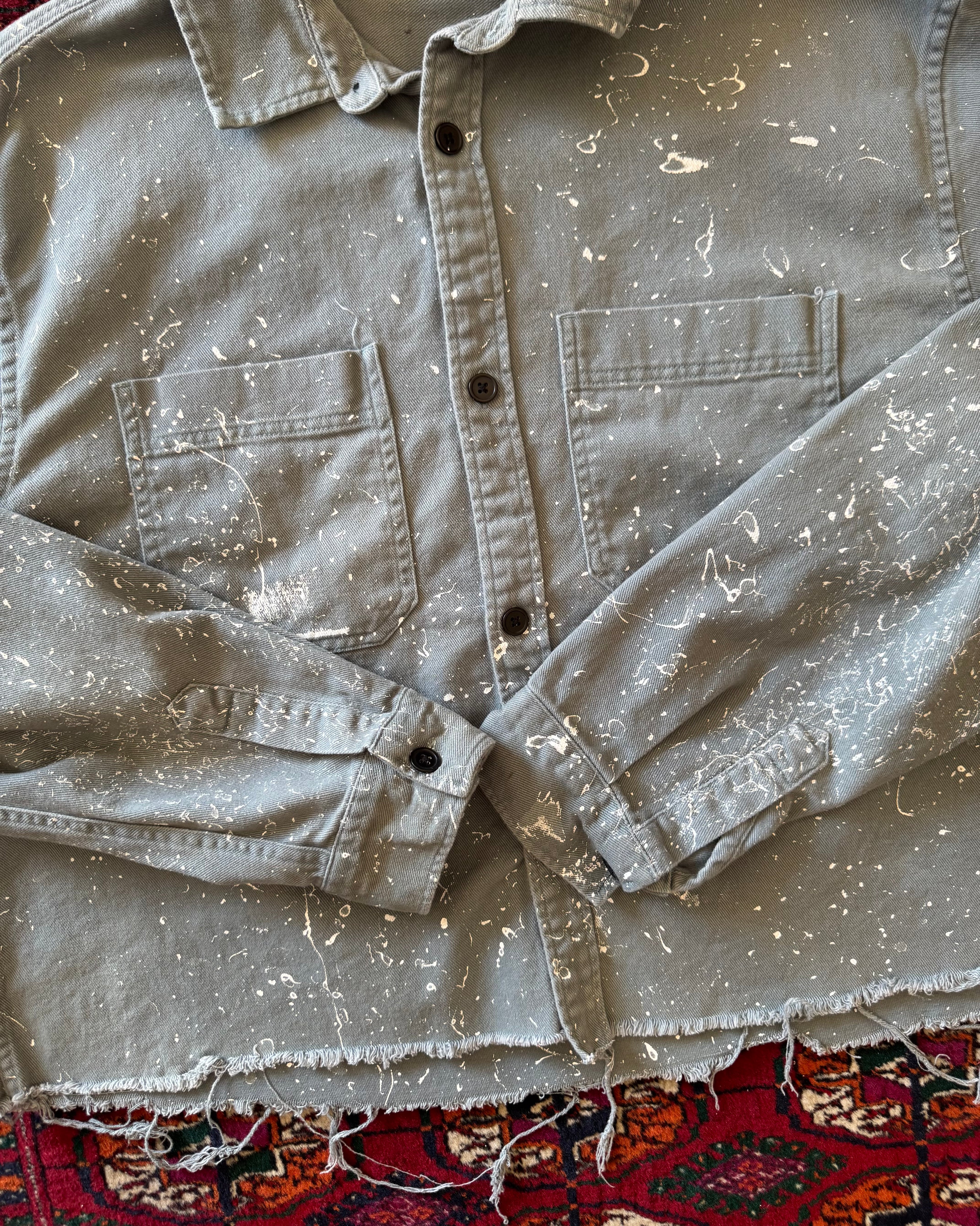 Vintage 1980s French work jacket cropped with heavy paint splatter ￼
