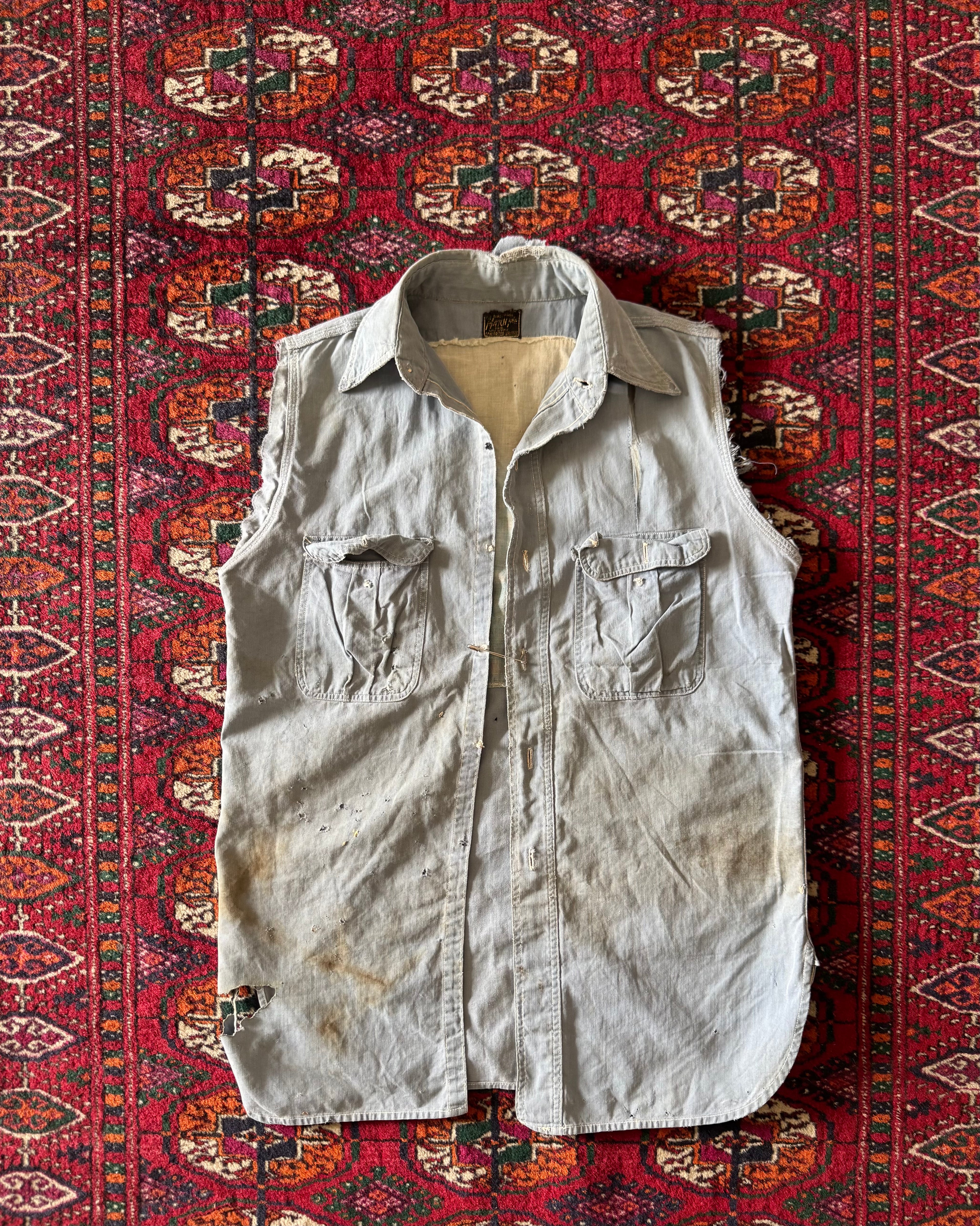 Vintage 1940s “Match Me” van-dyed Sanforized, heavily distressed and repaired, work shirt ￼
