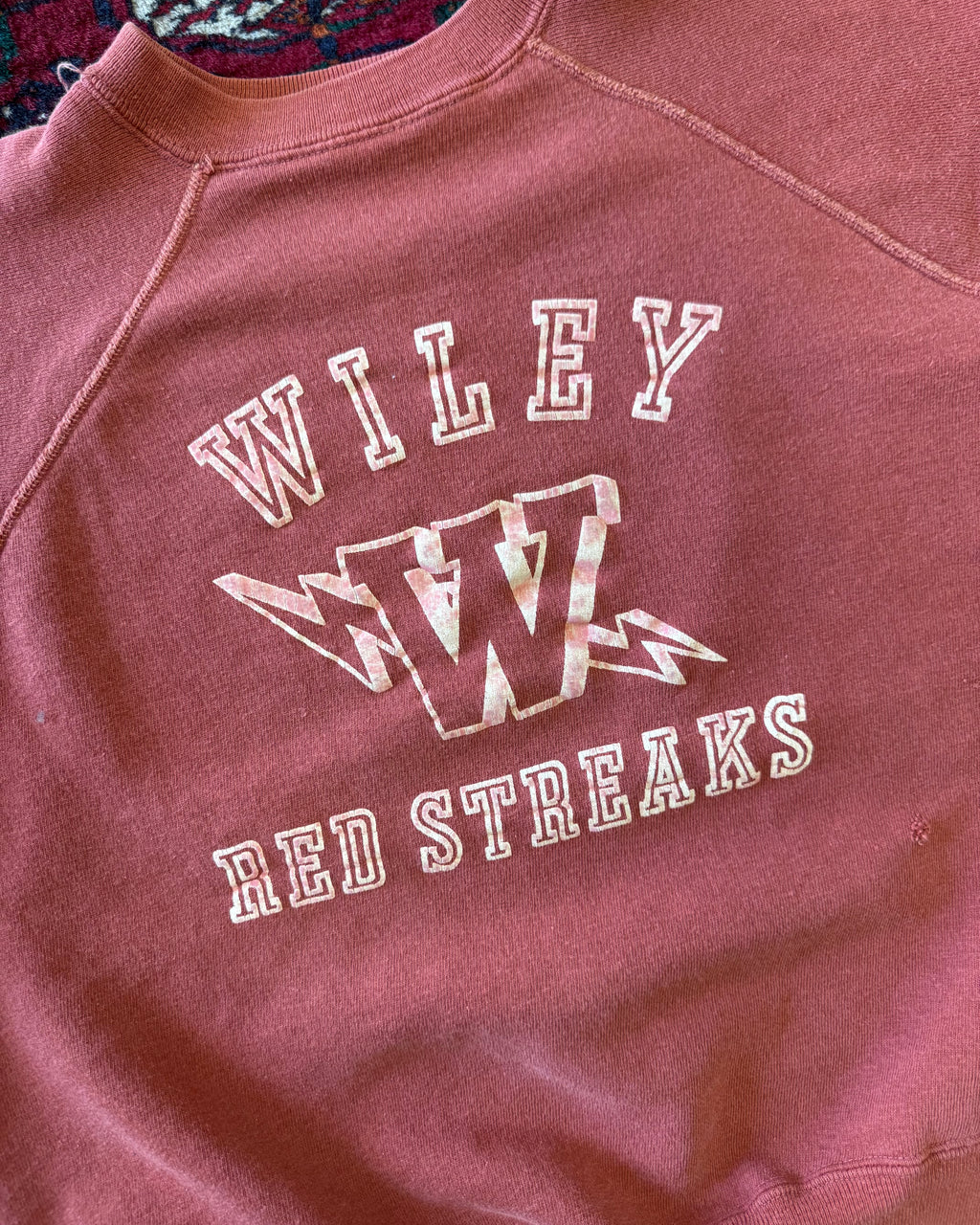 1960s faded red, flock print “Wiley red streaks” cut sweatshirt