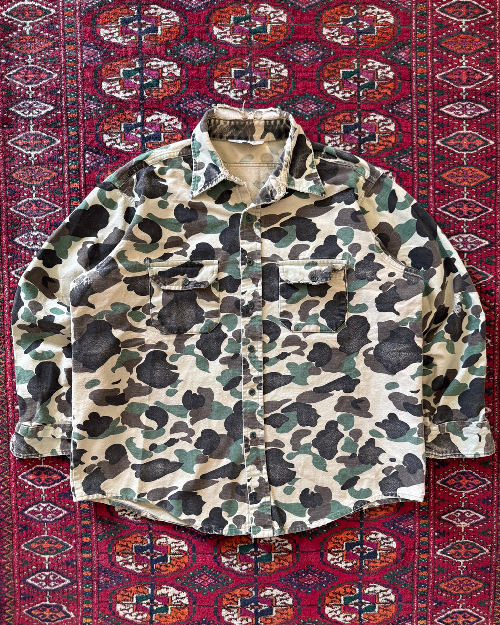 1970s heavy camo distressed hunting shirt