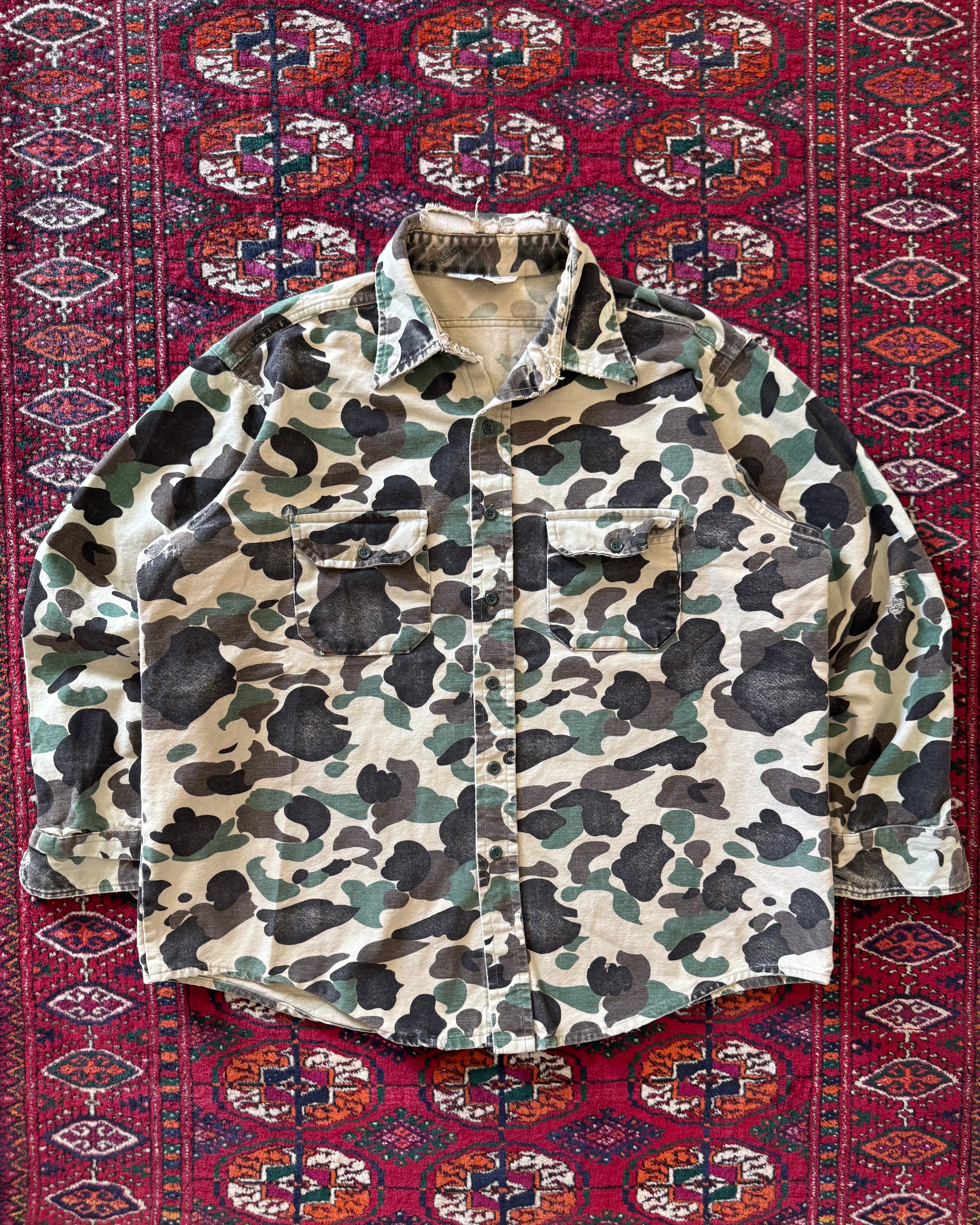 1970s heavy camo distressed hunting shirt