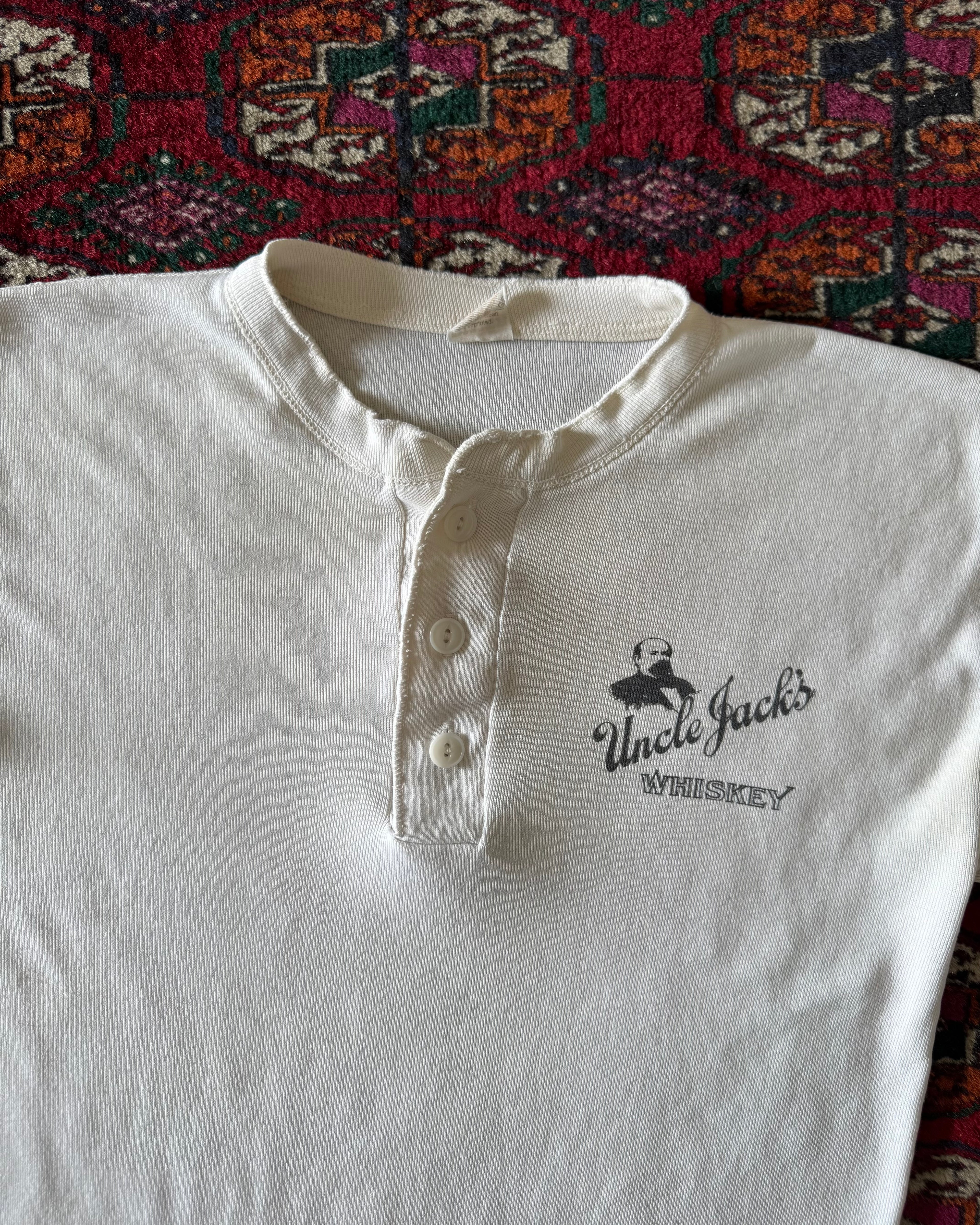 Vintage 1970/80s Uncle Jack’s whiskey three button undershirt ￼