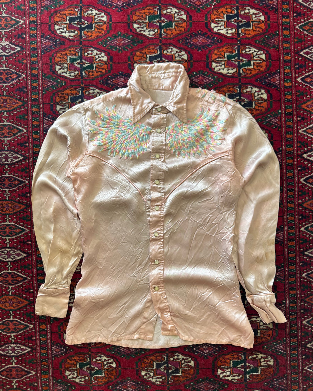 1960s satin rainbow embroidered wings western pearl snap
