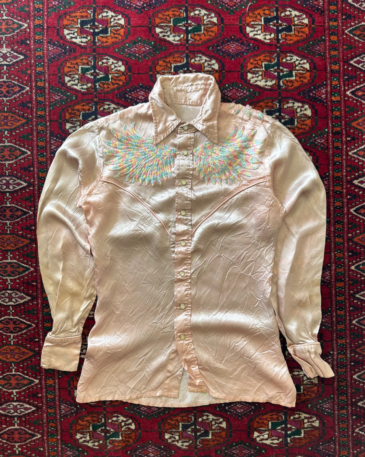 1960s satin rainbow embroidered wings western pearl snap