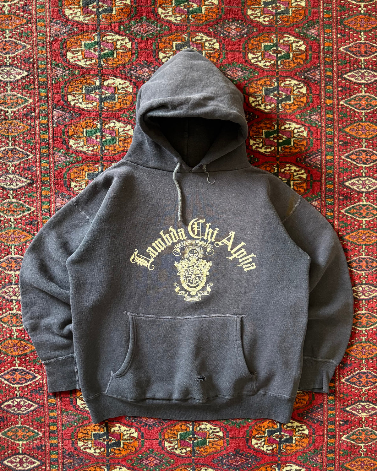 1960s fraternity flock print faded hoodie