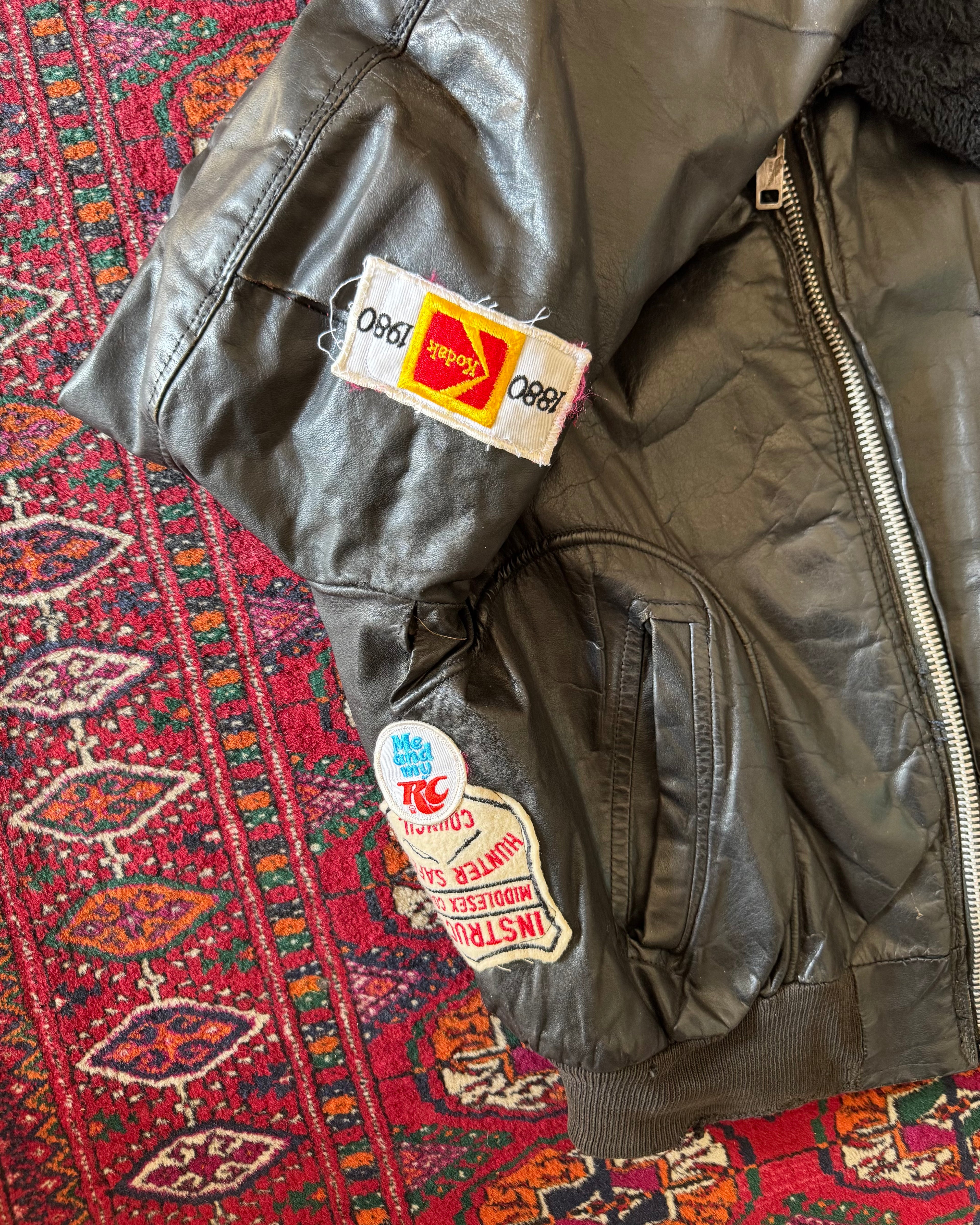 Vintage 1960s/50s leather fur lined bomber with patchwork repair￼