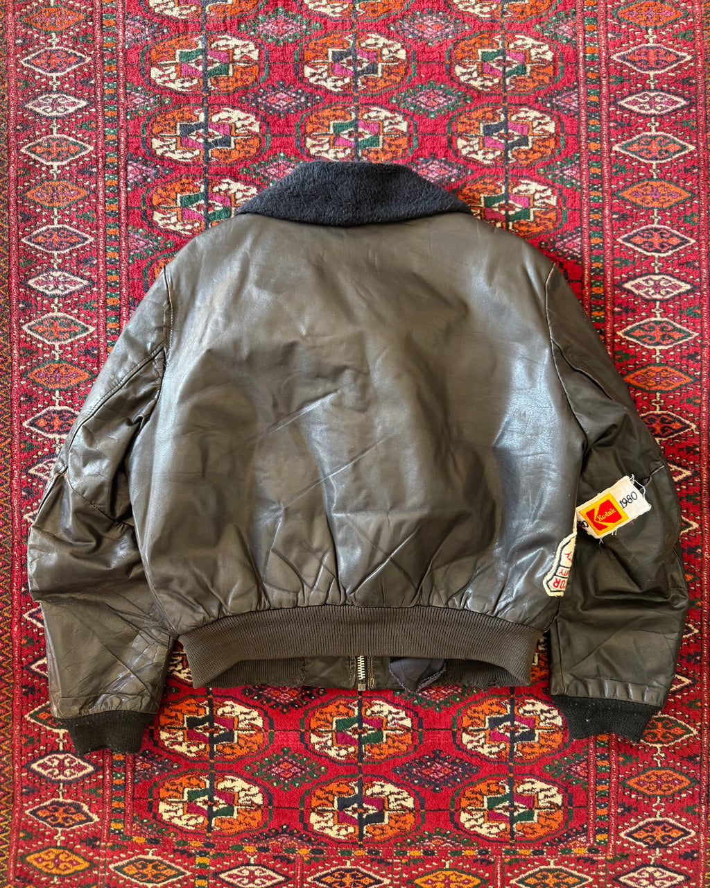1960s/50s leather fur lined bomber with patchwork repair￼
