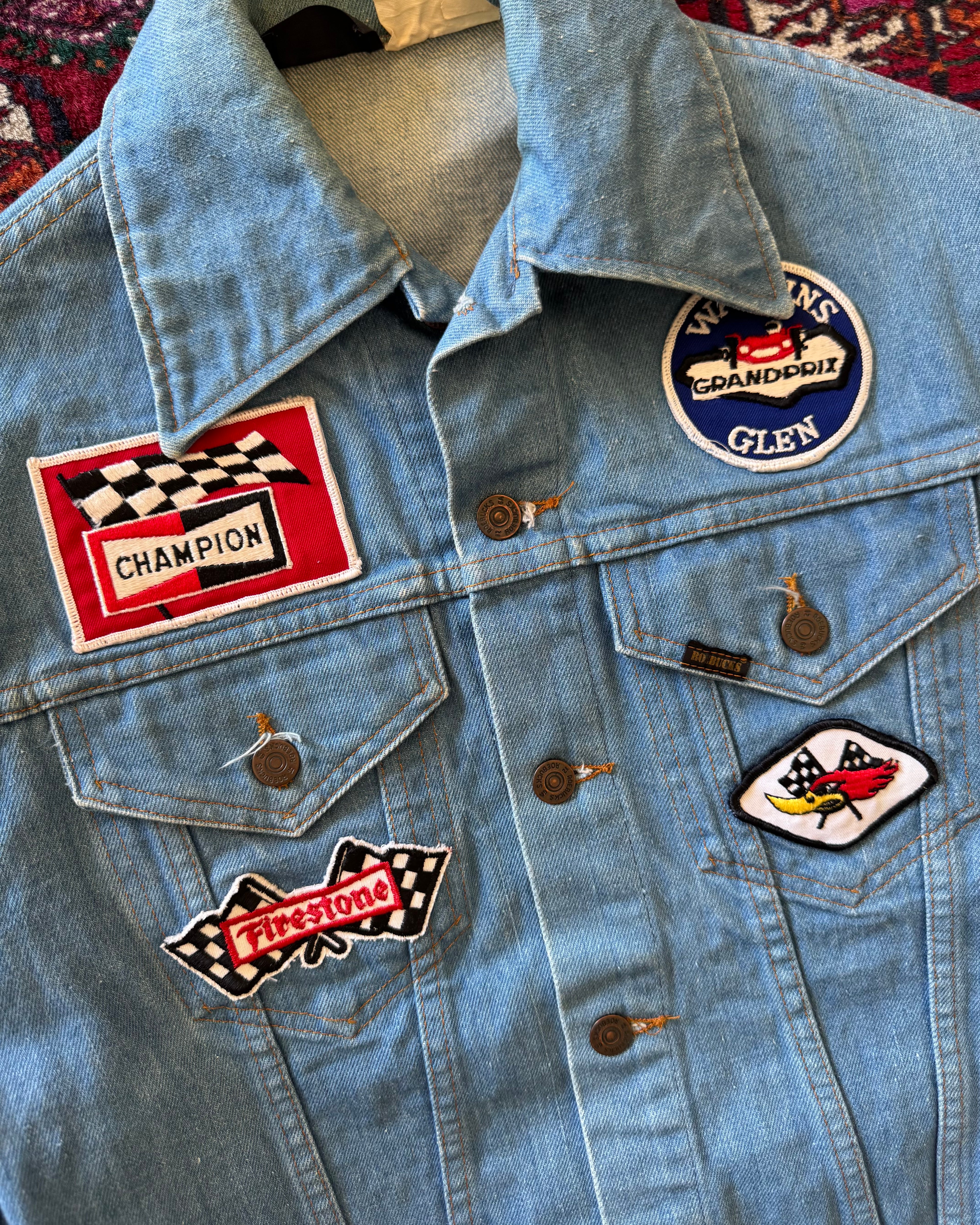 1970s Sears Roebucks denim jacket with racing patch patches