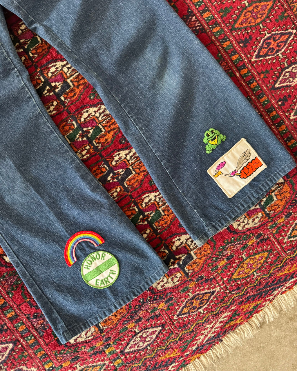 Vintage 1970s denim bush pants with patches ￼