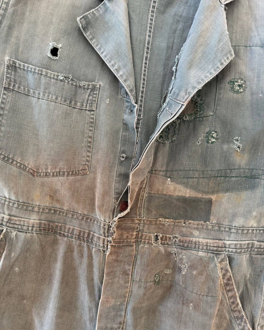 1950s union made green herringbone repaired and distressed coveralls, donut button ￼