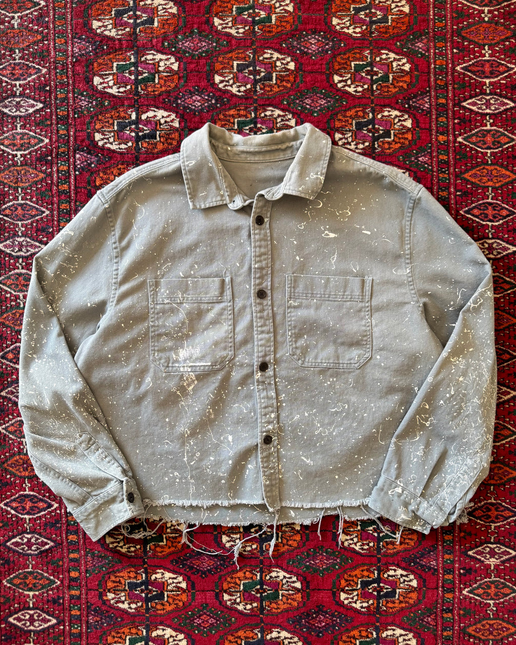 Vintage 1980s French work jacket cropped with heavy paint splatter ￼