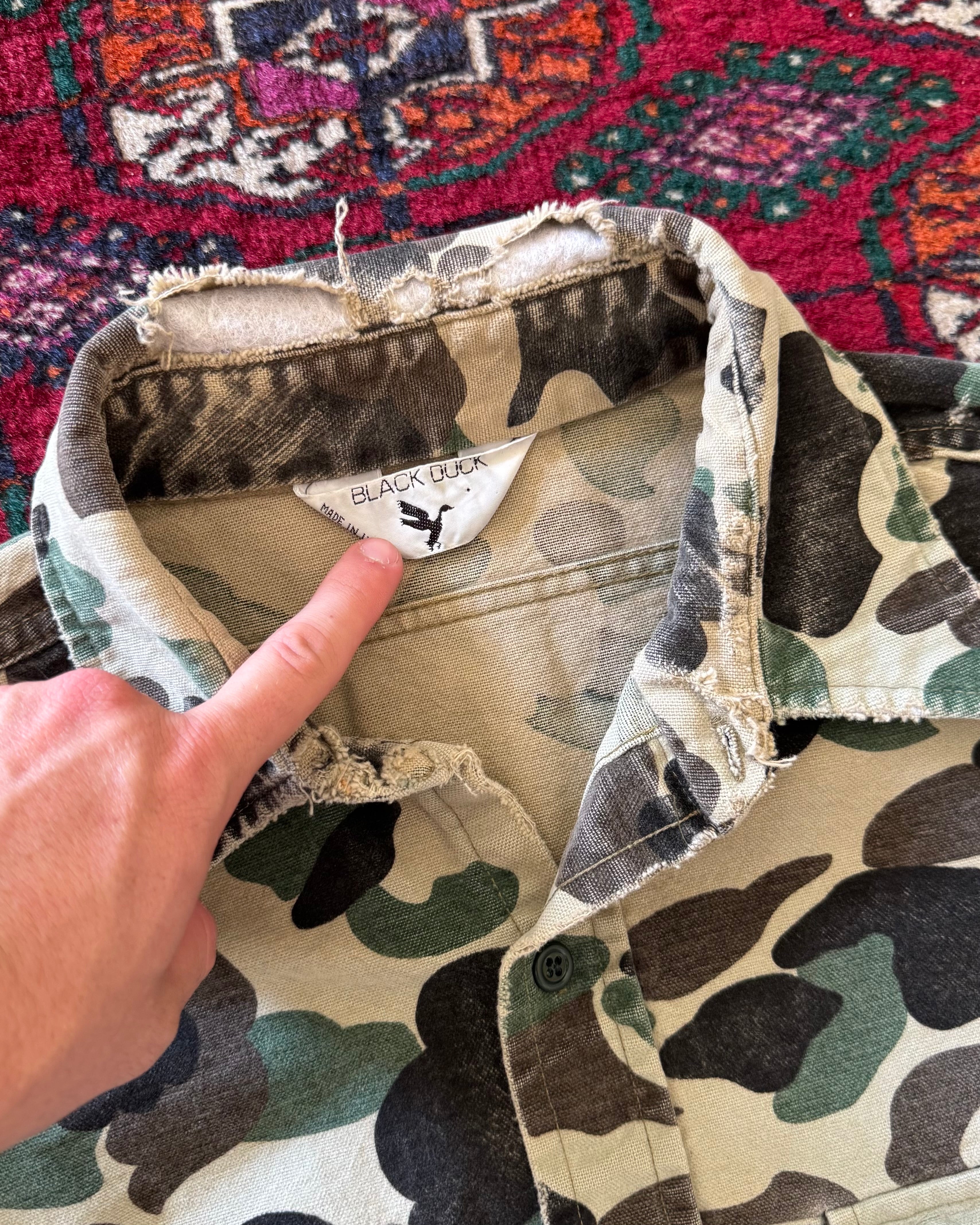 1970s heavy camo distressed hunting shirt